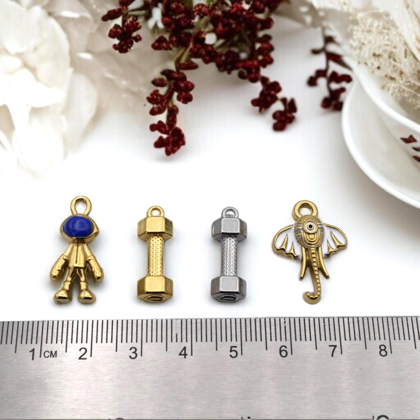 Steel Charm Enamel DIY Jewelry Findings: Space Fitness Mixed Pendants - Gold & Silver Stainless Steel, Enamel Accents, Jump Ring Compatible