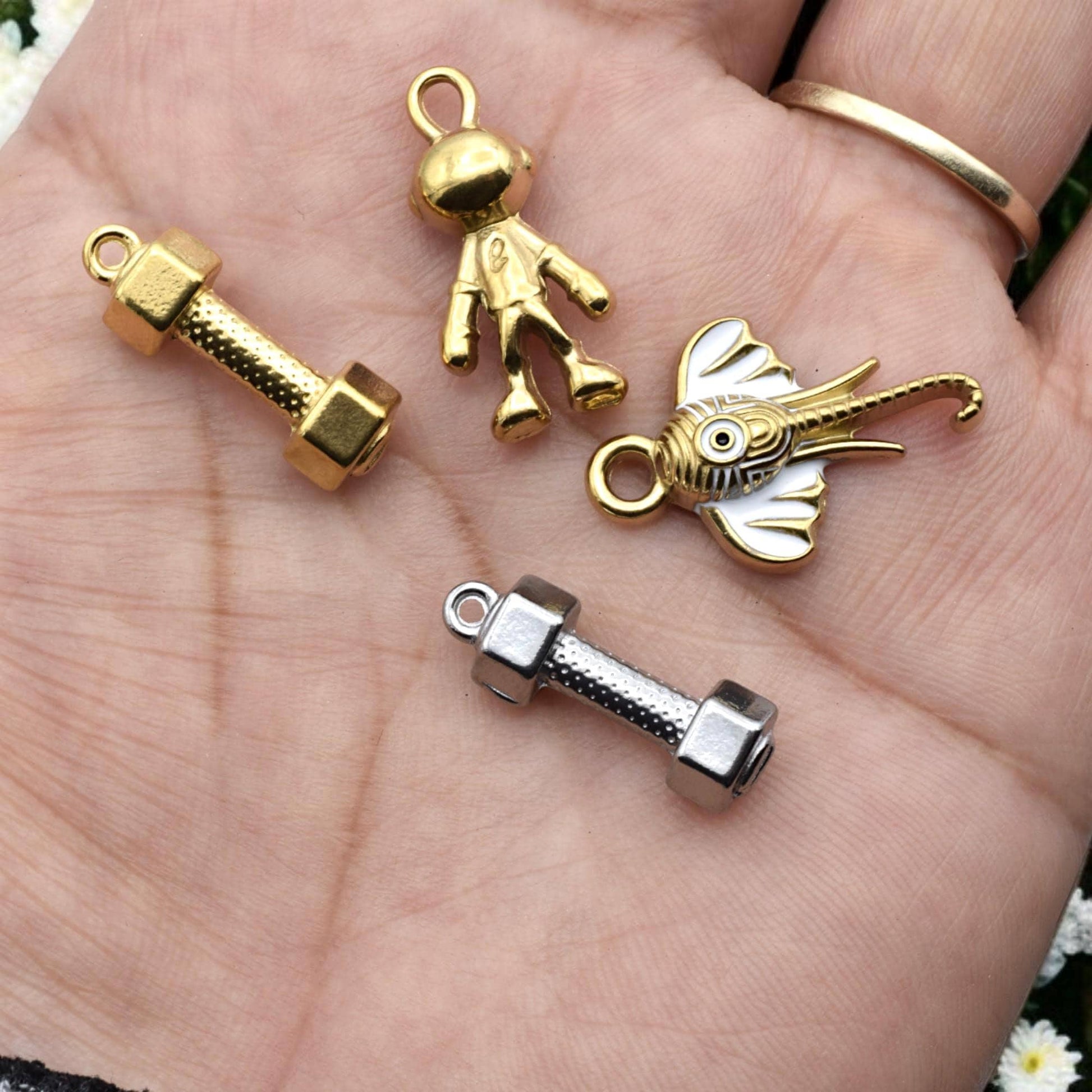 Steel Charm Enamel DIY Jewelry Findings: Space Fitness Mixed Pendants - Gold & Silver Stainless Steel, Enamel Accents, Jump Ring Compatible