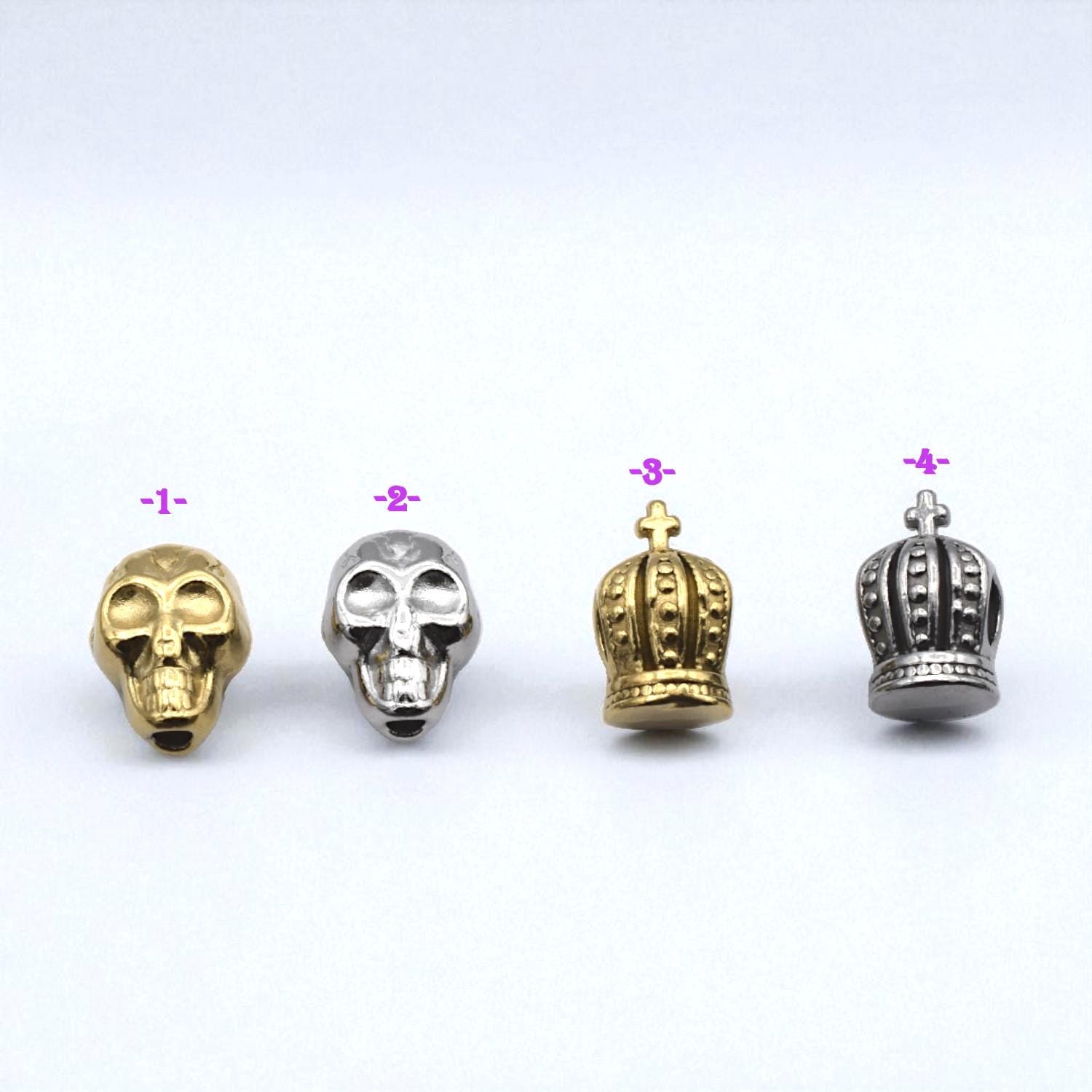 Crown With Cross Beads: Gothic Skull Charms, Gold & Silver Finish - Stainless Steel, Rust Proof, Large Hole for DIY Bracelets