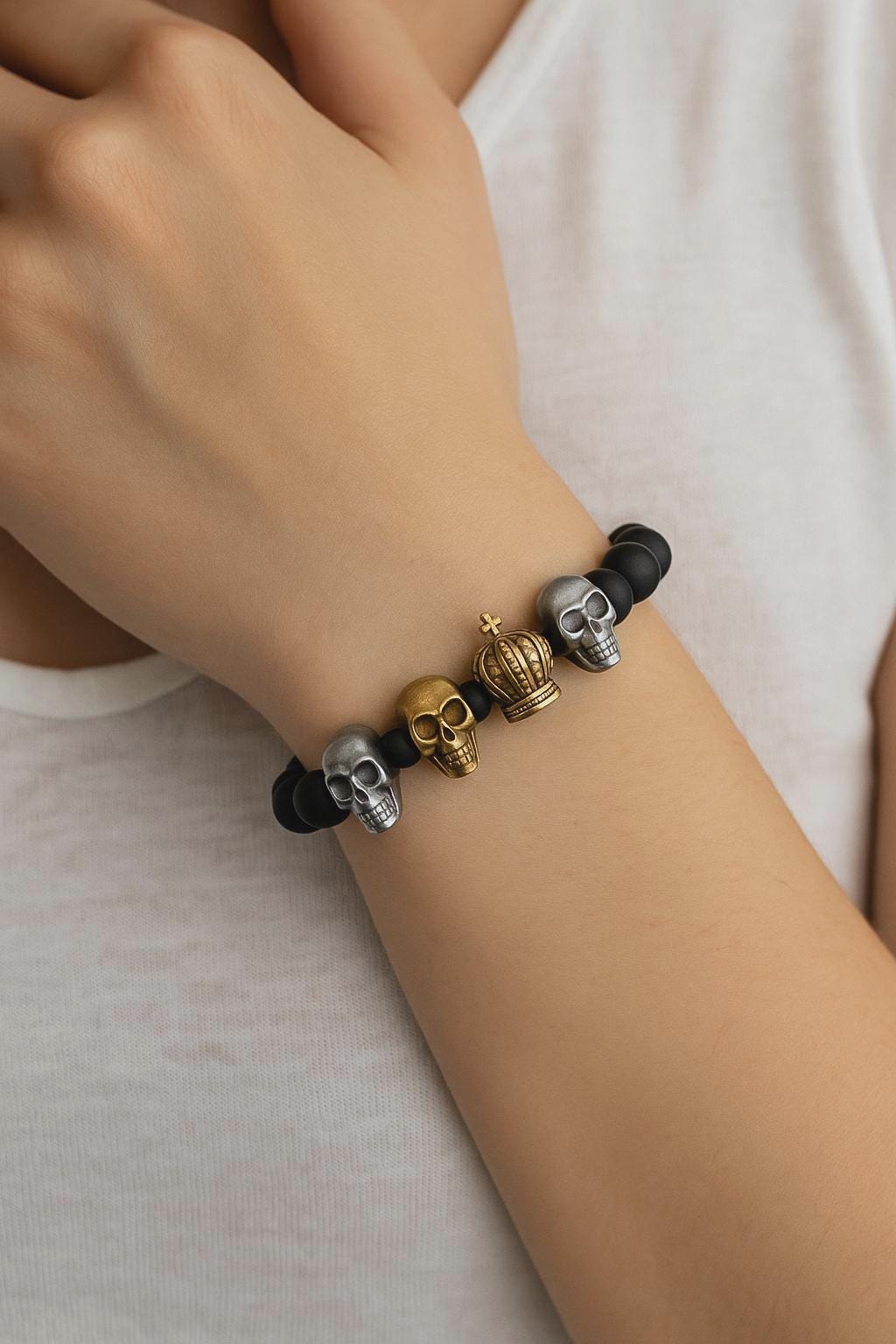 stainless Steel Skull, Crown with Cross Beads, Gold or Silver, Large Hole Charms, Gothic, Biker, Royal DIY Bracelet Findin...