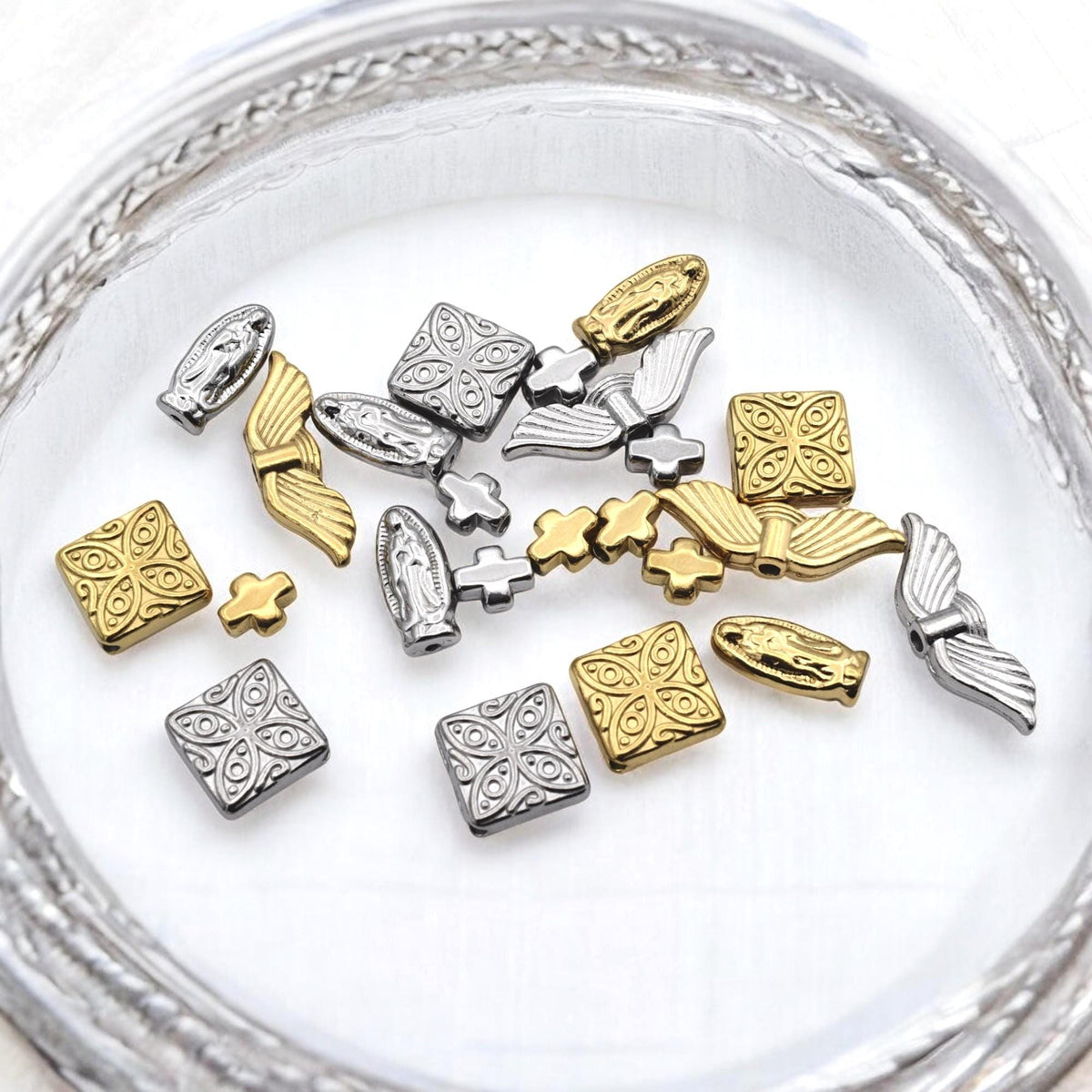 Cross Angel Wing Stainless Steel Beads: Gold & Silver Mixed Metal, Hypoallergenic | Rosary, Bracelet, Necklace, 12-Piece Set