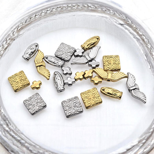 Cross Angel Wing Stainless Steel Beads: Gold & Silver Mixed Metal, Hypoallergenic | Rosary, Bracelet, Necklace, 12-Piece Set