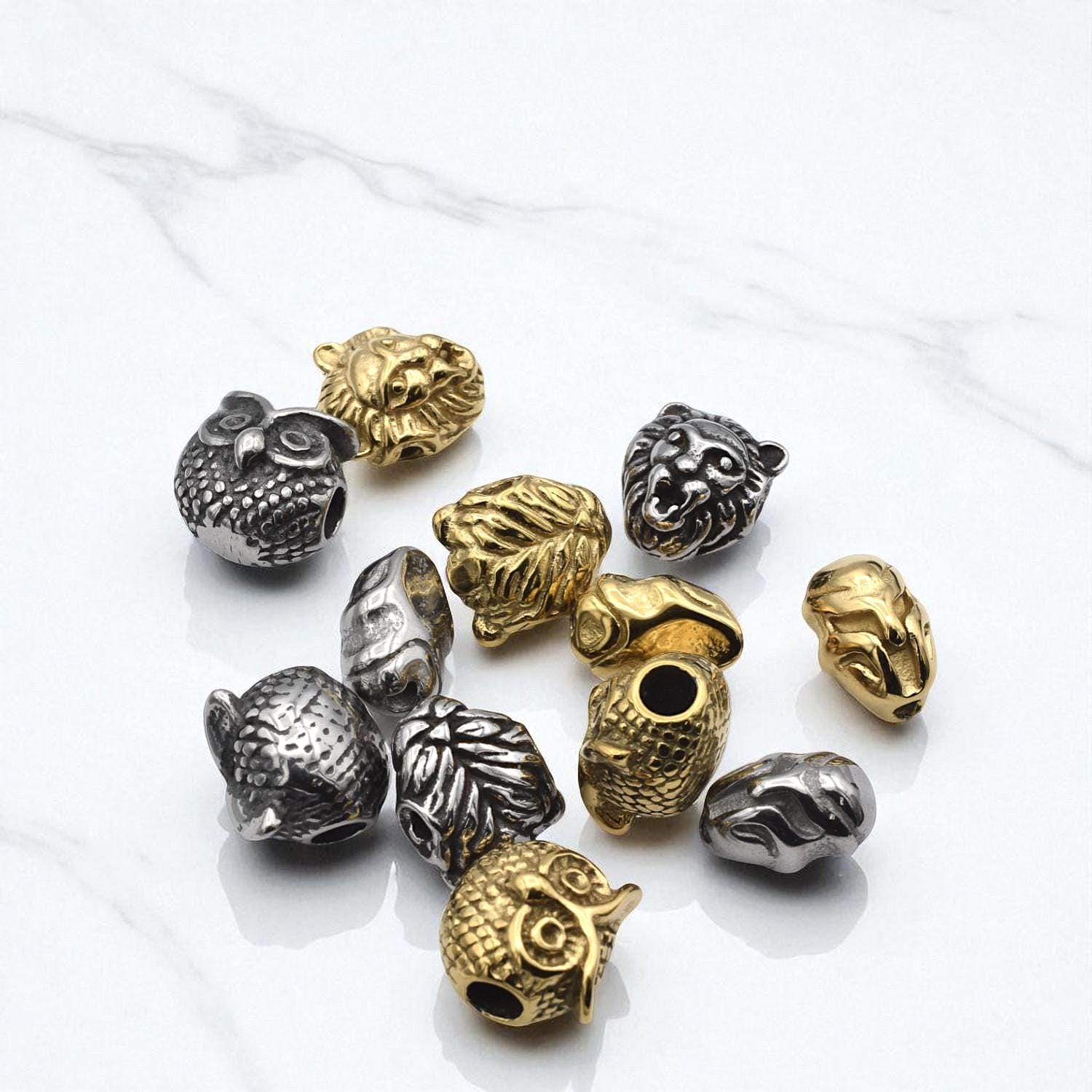 Steel Bead Owl Lion Iron Man: Gold Silver Gunmetal Charms, Stainless Steel, Durable Metal Beads | Unisex Set, 3 Pieces