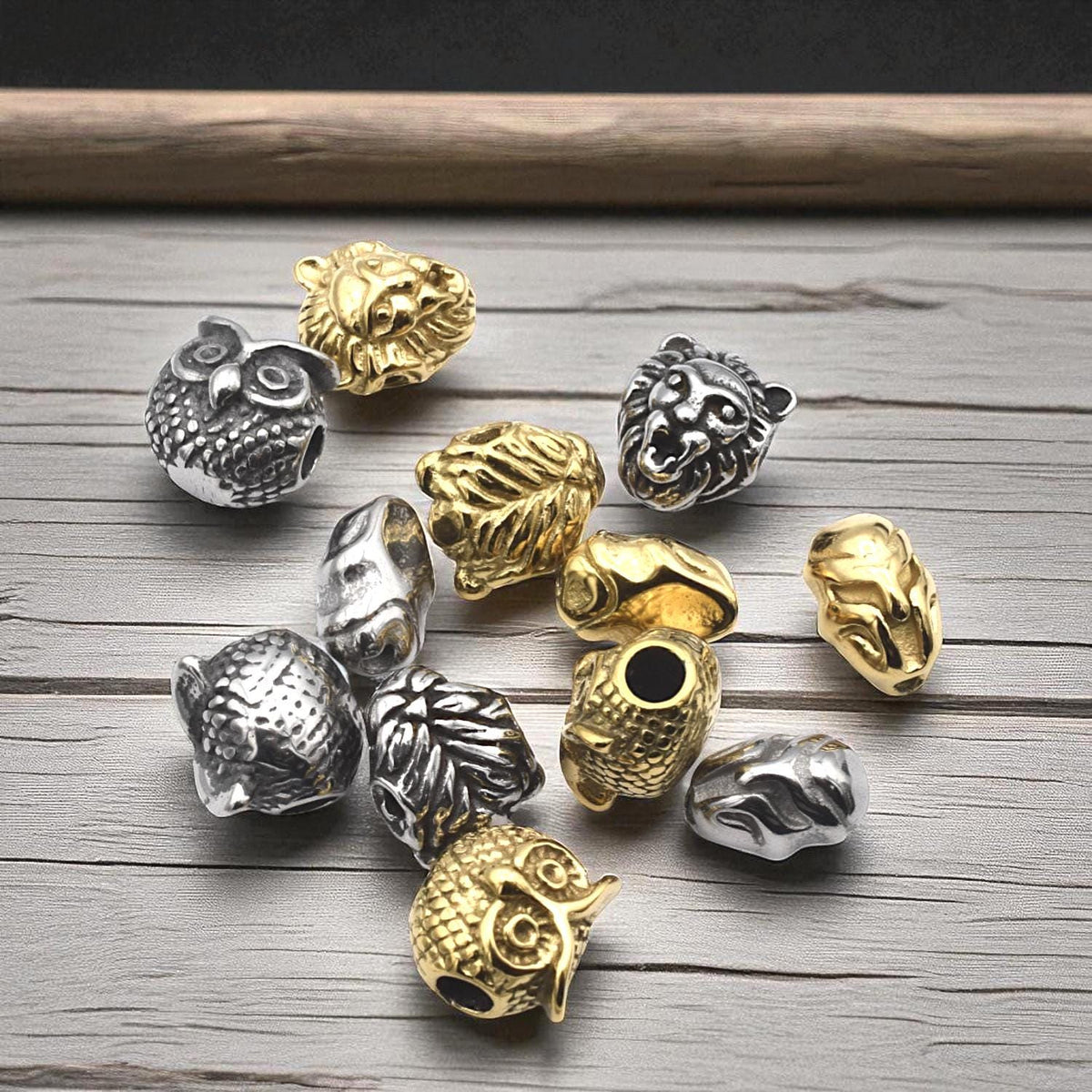 Steel Bead Owl Lion Iron Man: Gold Silver Gunmetal Charms, Stainless Steel, Durable Metal Beads | Unisex Set, 3 Pieces