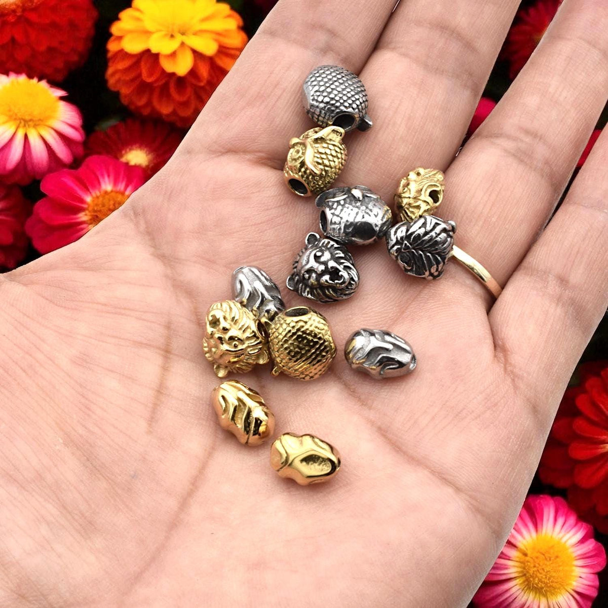 Steel Bead Owl Lion Iron Man: Gold Silver Gunmetal Charms, Stainless Steel, Durable Metal Beads | Unisex Set, 3 Pieces