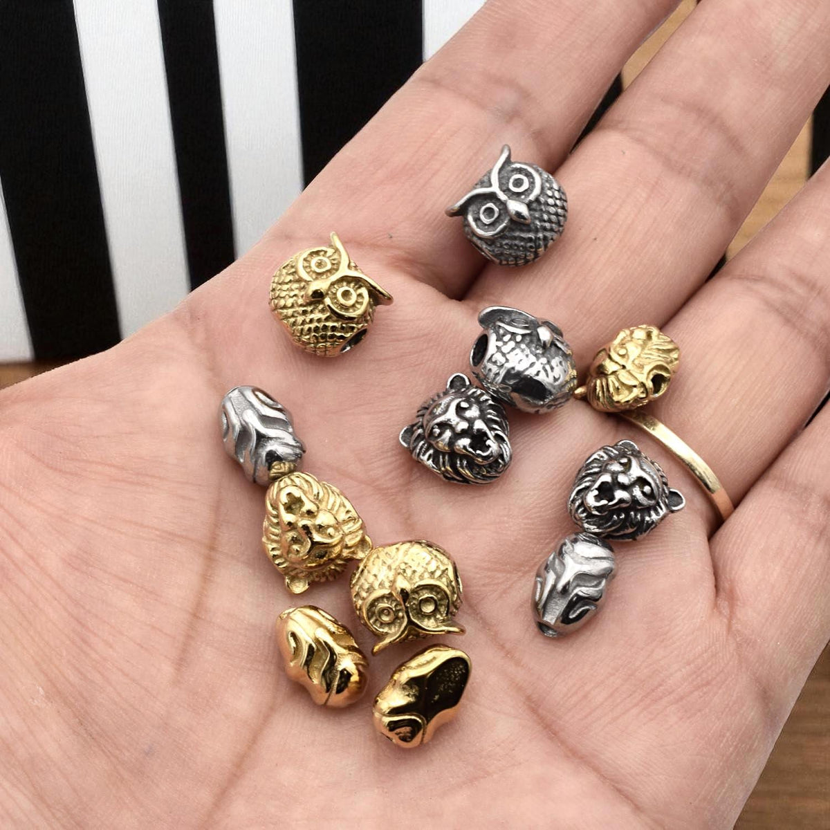 Steel Bead Owl Lion Iron Man: Gold Silver Gunmetal Charms, Stainless Steel, Durable Metal Beads | Unisex Set, 3 Pieces