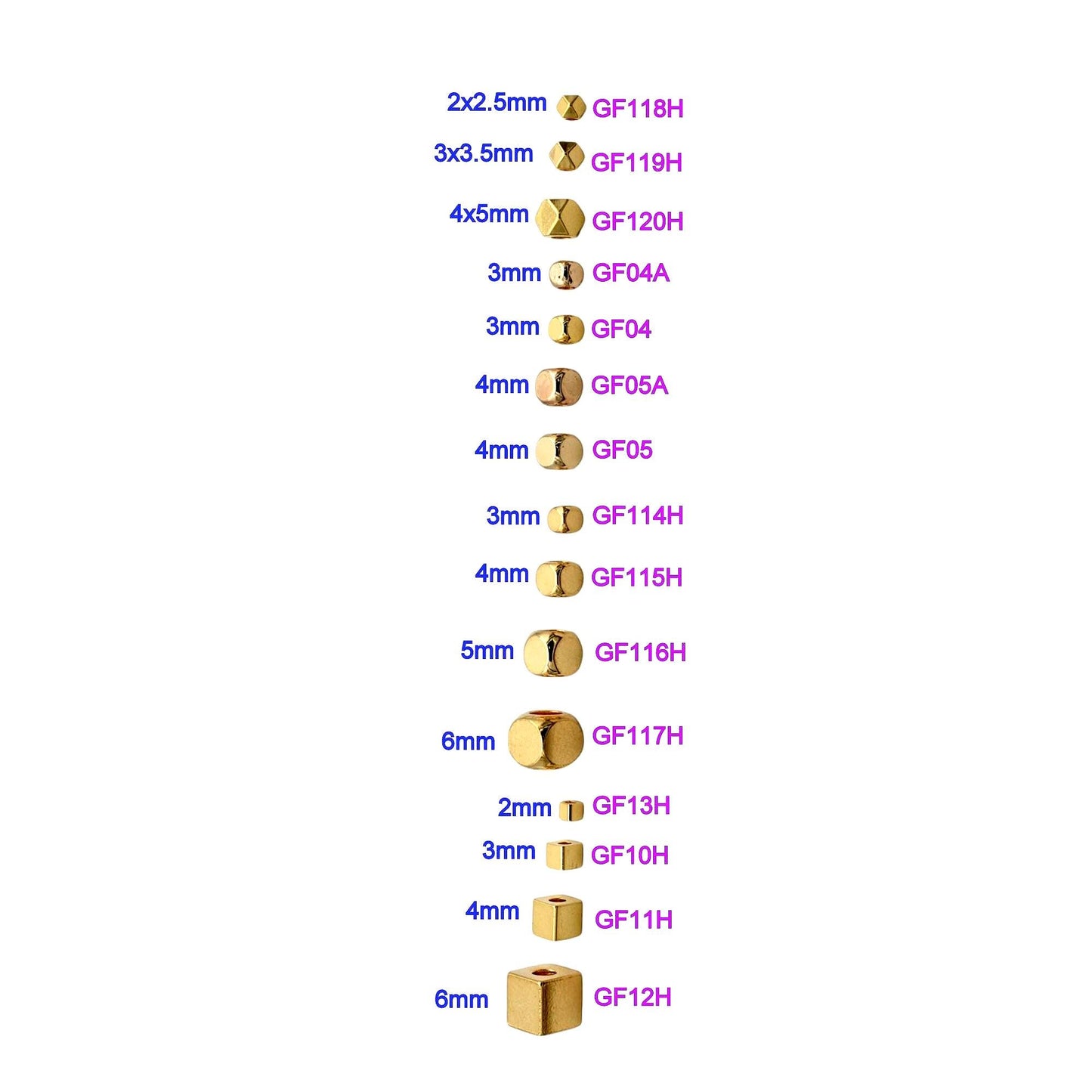 18k Gold Filled Alternative Cube Round Square Beads, Polished Gold Finish (2mm-6mm Sizes, Durable Craft Spacers, DIY Jewelry Making)
