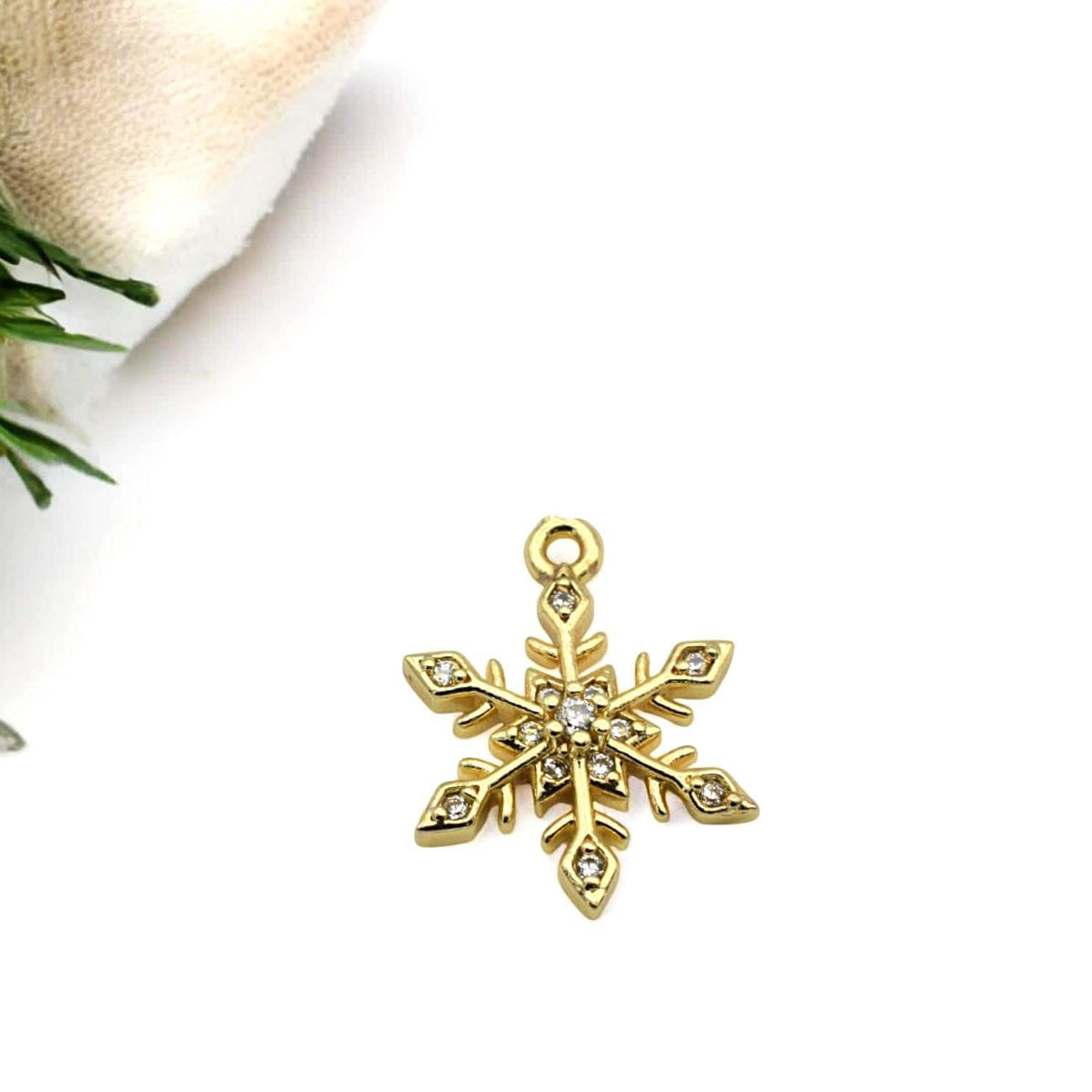 CZ Pave 14K Gold Christmas Charms: Elegant Winter Theme Pendants, Gold Tone Findings (Snowflake Bell Mitten Hat, 12-15mm)