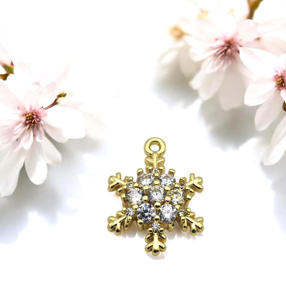 CZ Pave 14K Gold Christmas Charms: Elegant Winter Theme Pendants, Gold Tone Findings (Snowflake Bell Mitten Hat, 12-15mm)