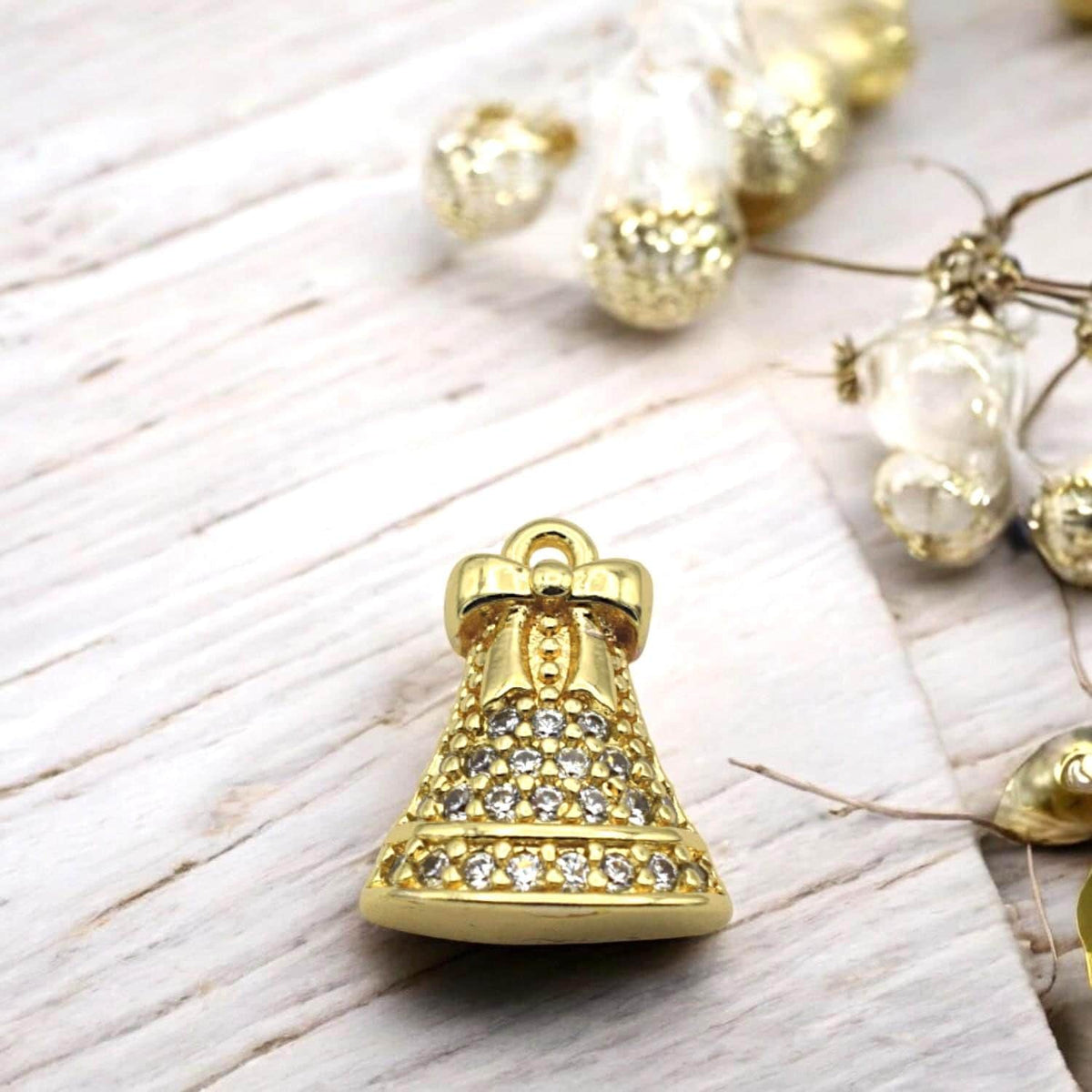 CZ Pave 14K Gold Christmas Charms: Elegant Winter Theme Pendants, Gold Tone Findings (Snowflake Bell Mitten Hat, 12-15mm)