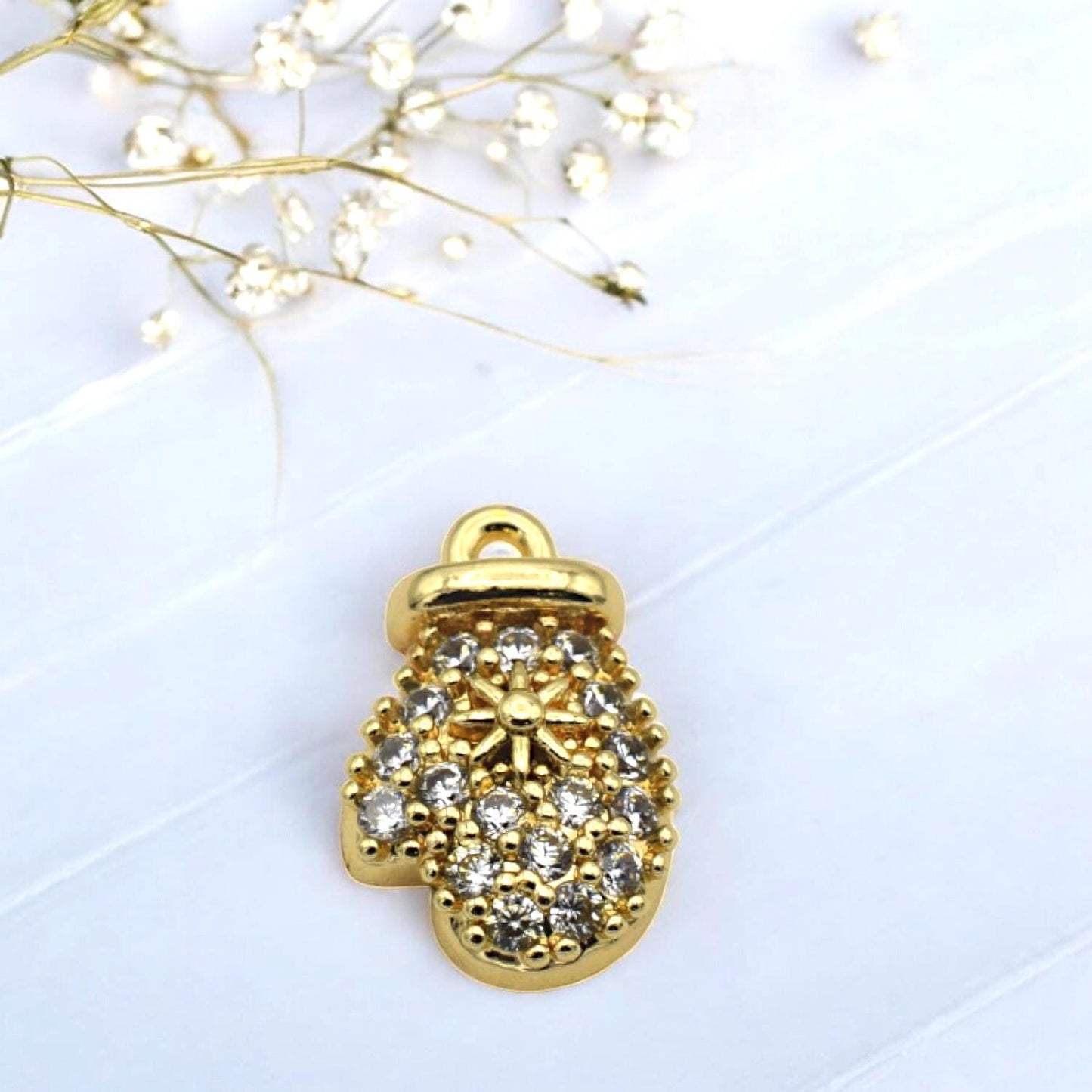 CZ Pave 14K Gold Christmas Charms: Elegant Winter Theme Pendants, Gold Tone Findings (Snowflake Bell Mitten Hat, 12-15mm)