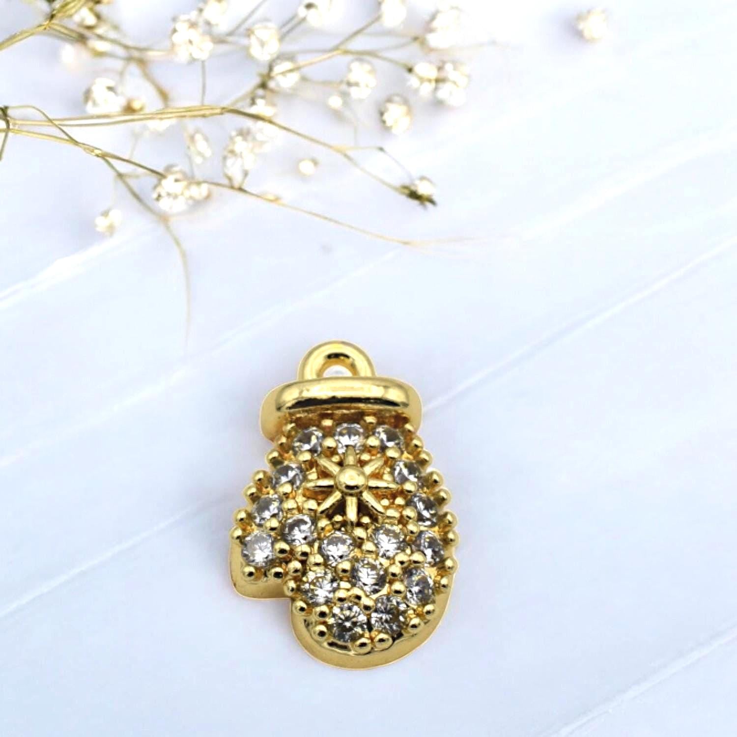 CZ Pave 14K Gold Christmas Charms: Elegant Winter Theme Pendants, Gold Tone Findings (Snowflake Bell Mitten Hat, 12-15mm)