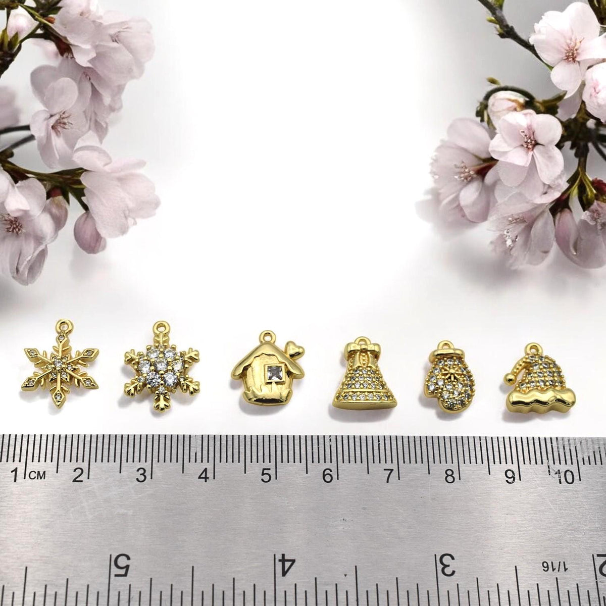 CZ Pave 14K Gold Christmas Charms: Elegant Winter Theme Pendants, Gold Tone Findings (Snowflake Bell Mitten Hat, 12-15mm)