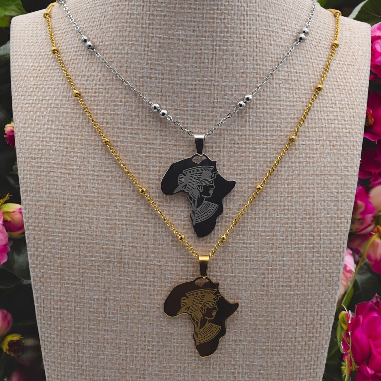 Africa Map Pendant Necklace Afrocentric Charm, Cleopatra Engraving (27x37mm, Gold & Silver Tone Stainless Steel)