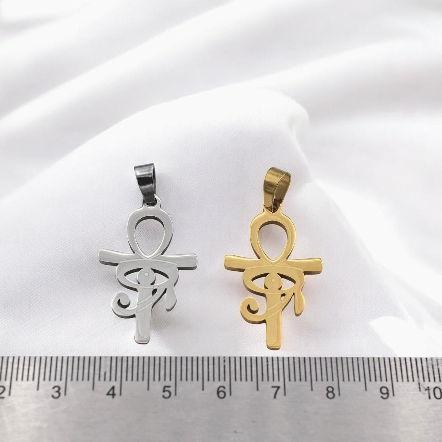 Ankh Eye Of Horus Gold Silver Tone Pendant: Tarnish-Resistant Stainless Steel, Unisex Amulet | Daily Wear, 40x20mm Charm