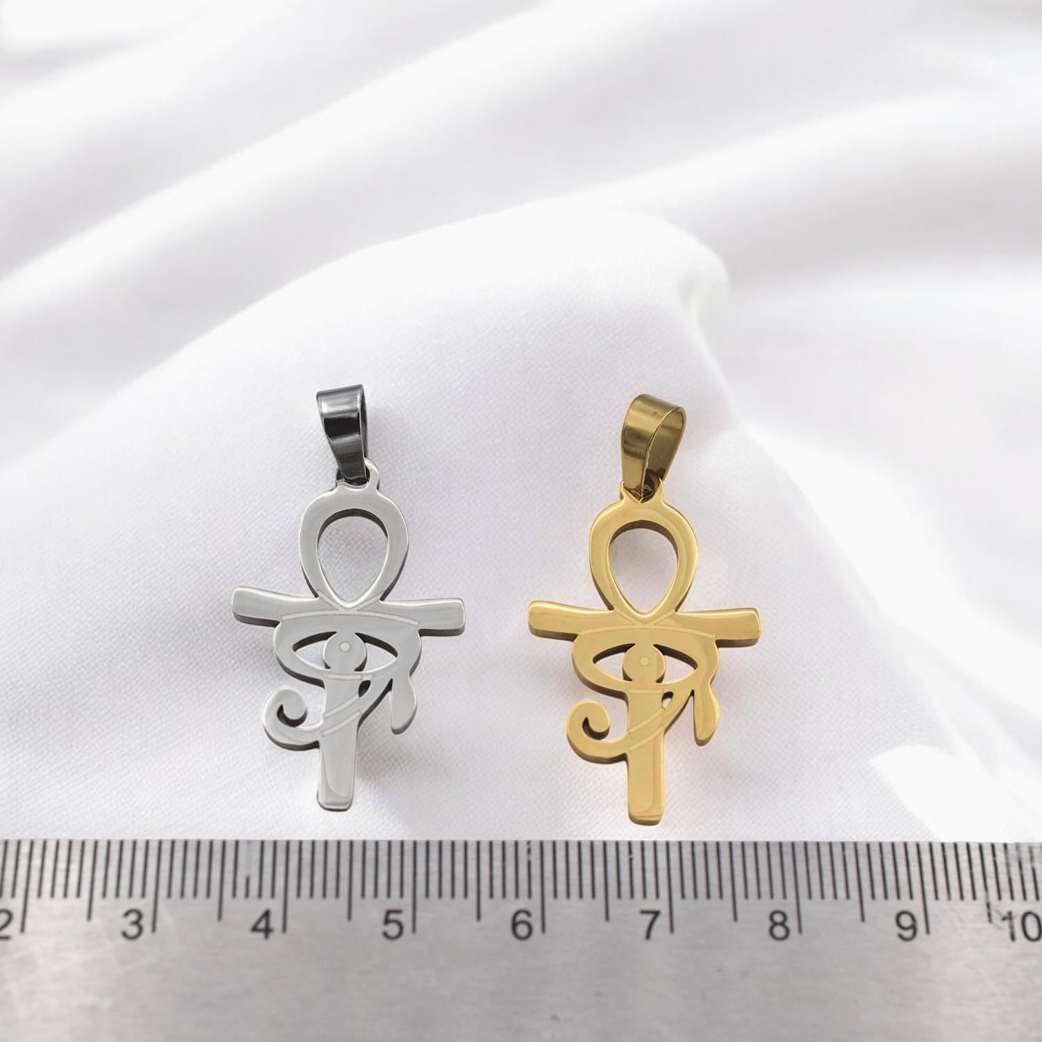 Ankh Eye Of Horus Gold Silver Tone Pendant: Tarnish-Resistant Stainless Steel, Unisex Amulet | Daily Wear, 40x20mm Charm
