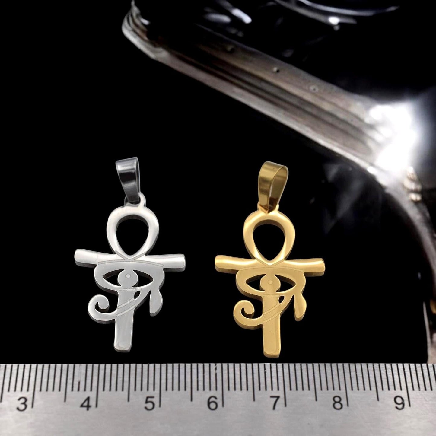 Ankh Eye Of Horus Gold Silver Tone Pendant: Tarnish-Resistant Stainless Steel, Unisex Amulet | Daily Wear, 40x20mm Charm