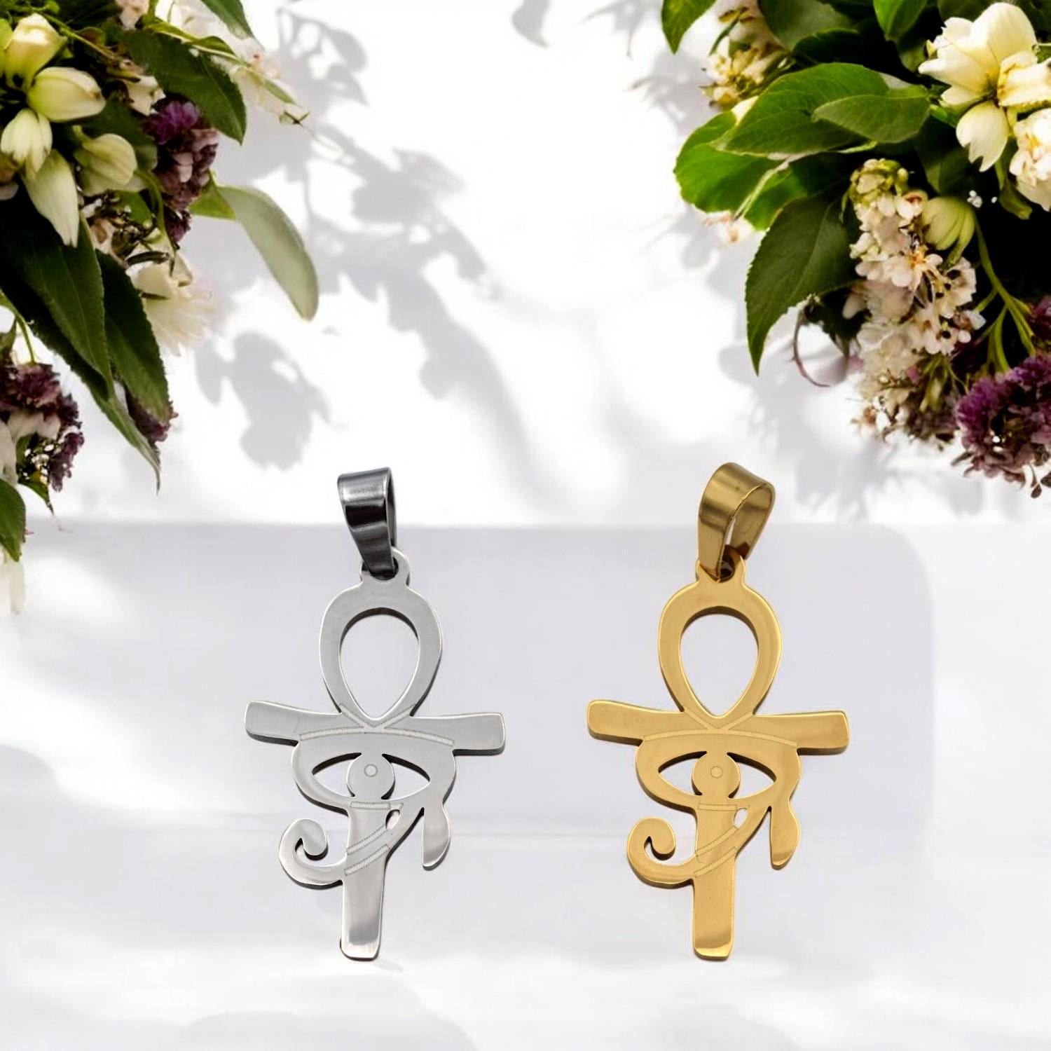 Ankh Eye Of Horus Gold Silver Tone Pendant: Tarnish-Resistant Stainless Steel, Unisex Amulet | Daily Wear, 40x20mm Charm