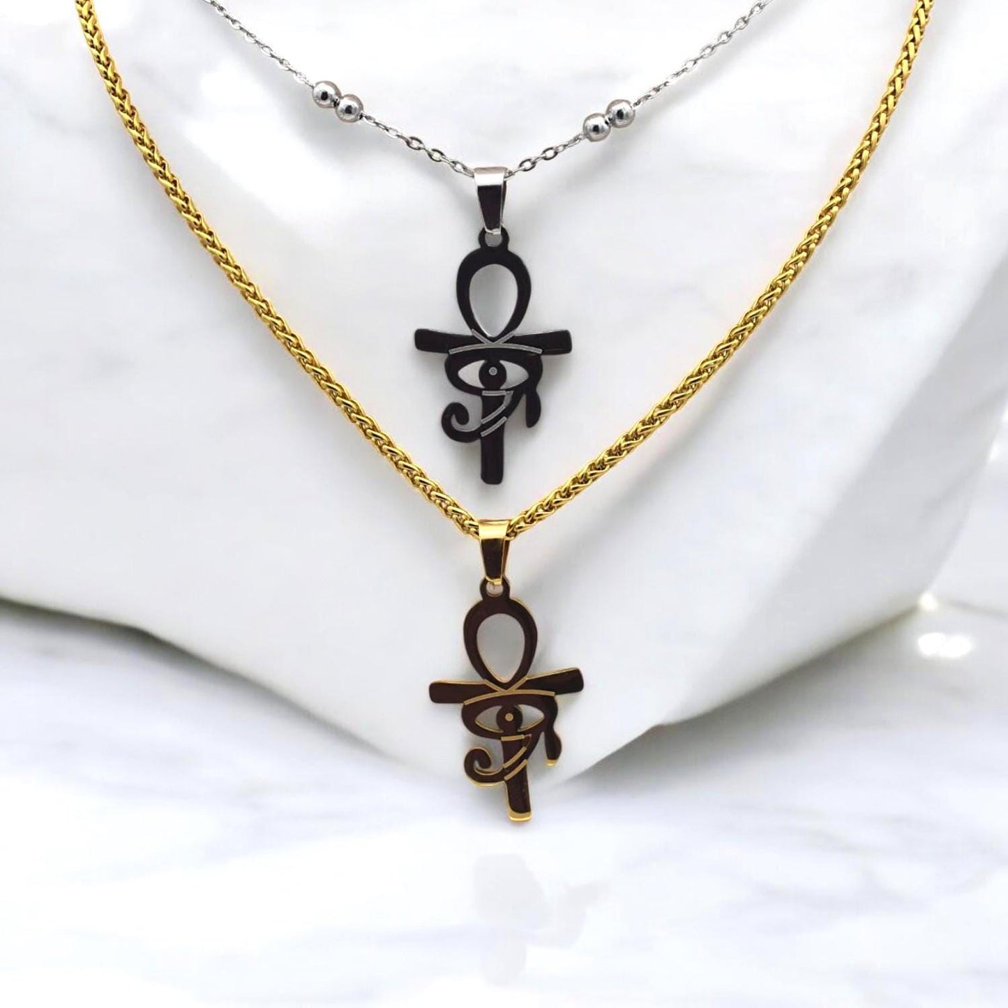 Ankh Eye Of Horus Gold Silver Tone Pendant: Tarnish-Resistant Stainless Steel, Unisex Amulet | Daily Wear, 40x20mm Charm