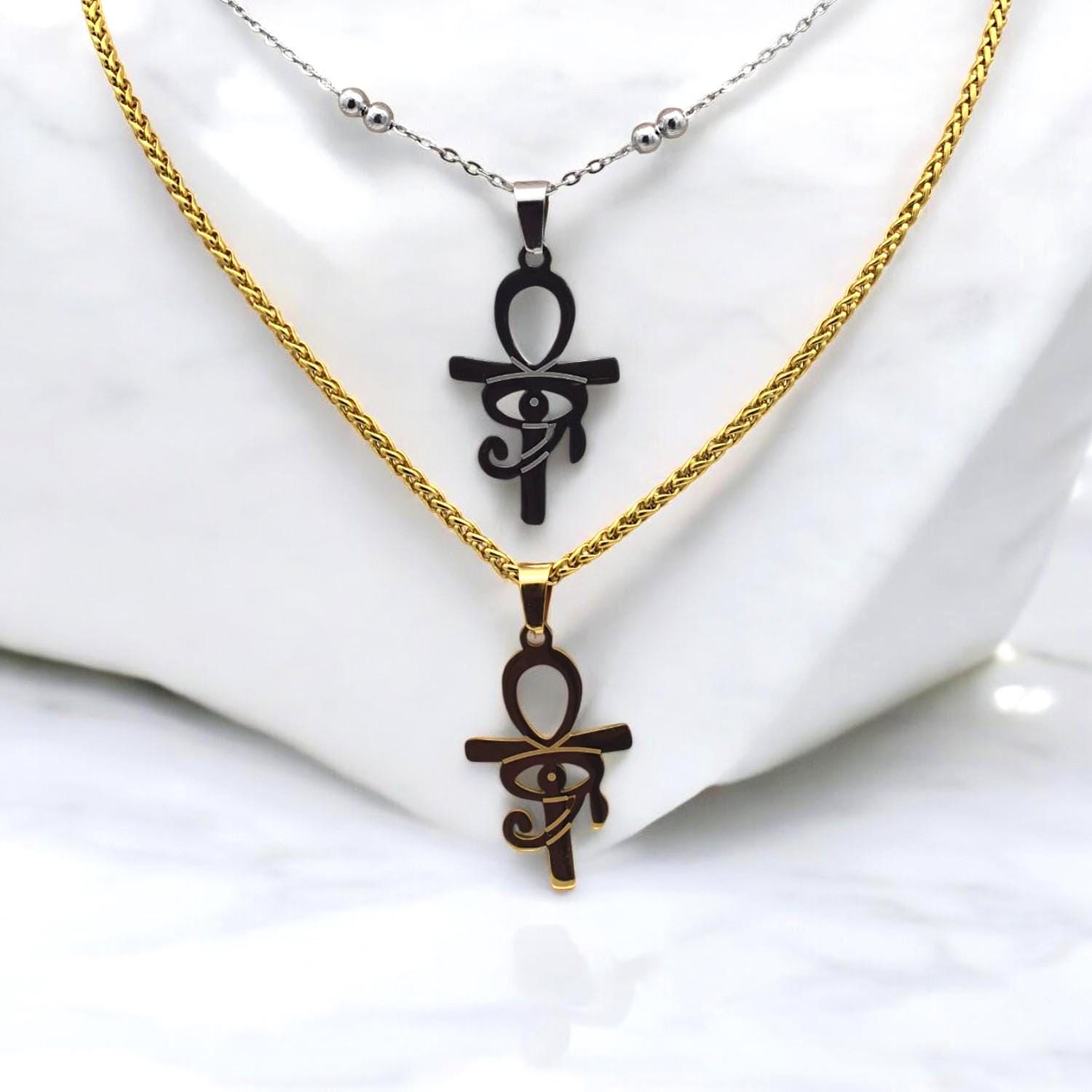 Ankh Eye Of Horus Gold Silver Tone Pendant: Tarnish-Resistant Stainless Steel, Unisex Amulet | Daily Wear, 40x20mm Charm