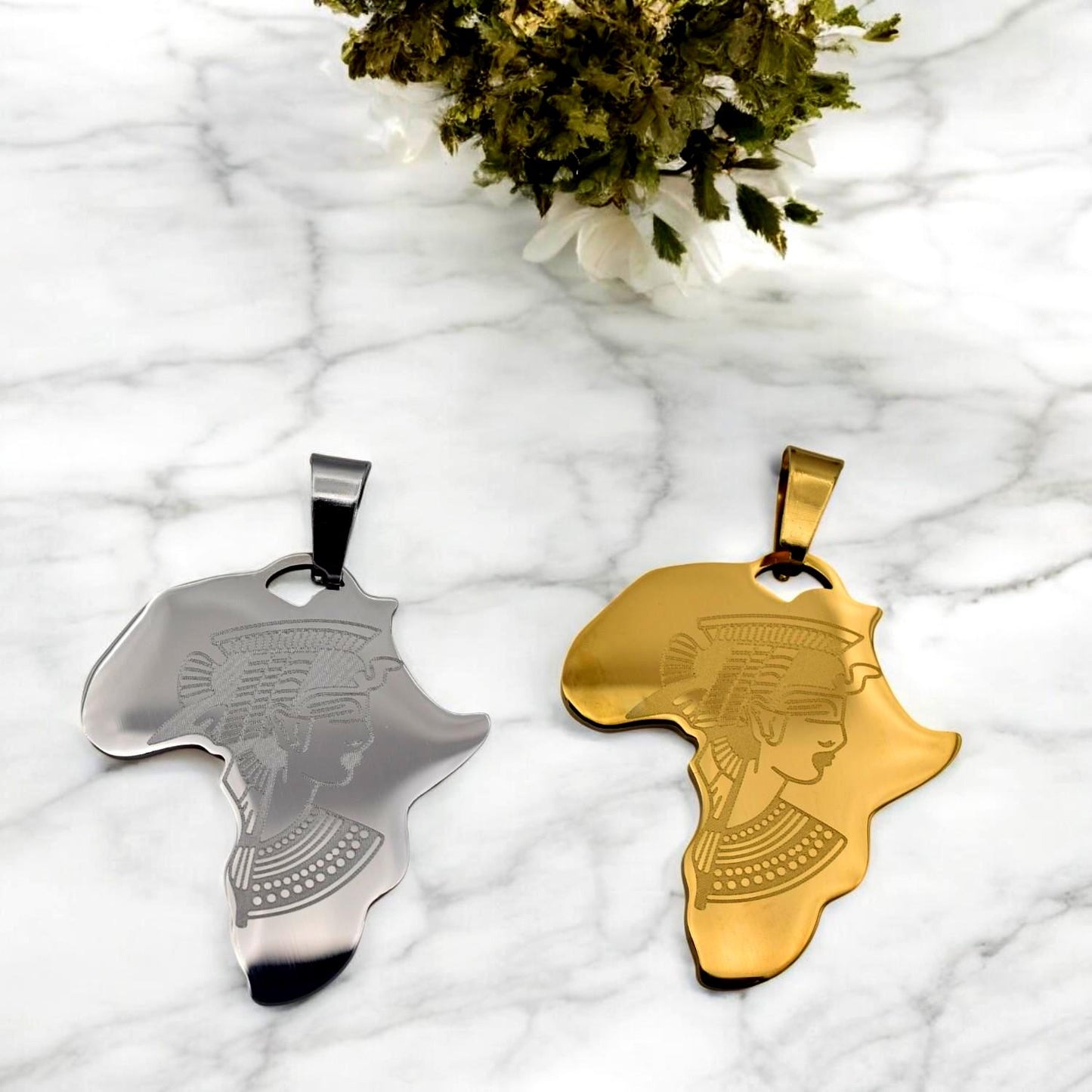 Africa Map Pendant Necklace Afrocentric Charm, Cleopatra Engraving (27x37mm, Gold & Silver Tone Stainless Steel)