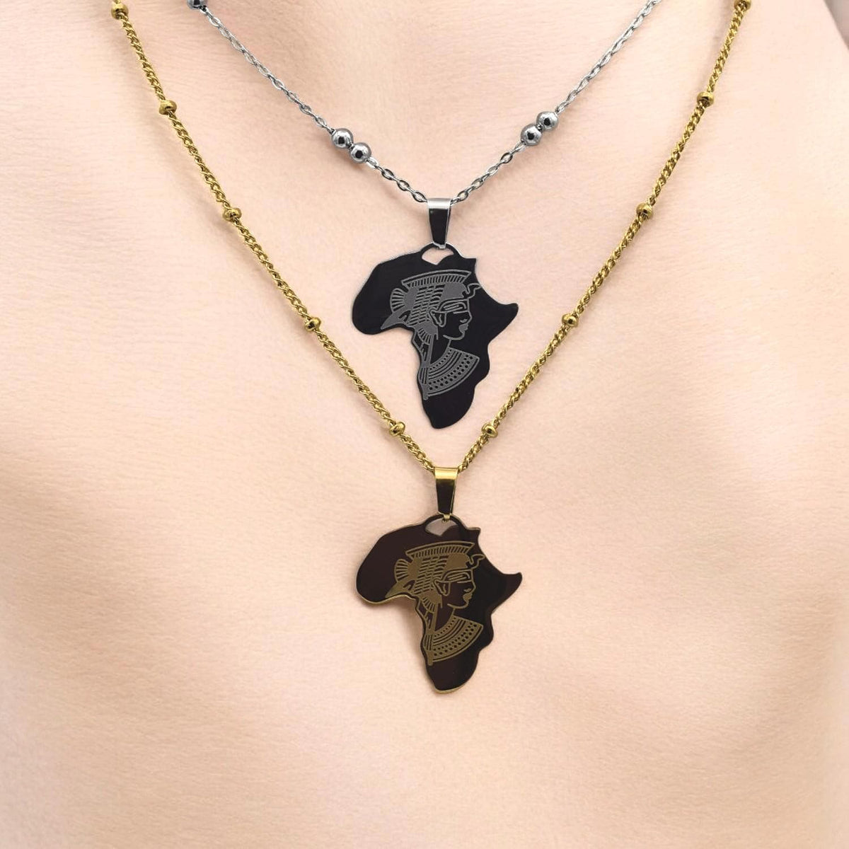 Africa Map Pendant Necklace Afrocentric Charm, Cleopatra Engraving (27x37mm, Gold & Silver Tone Stainless Steel)