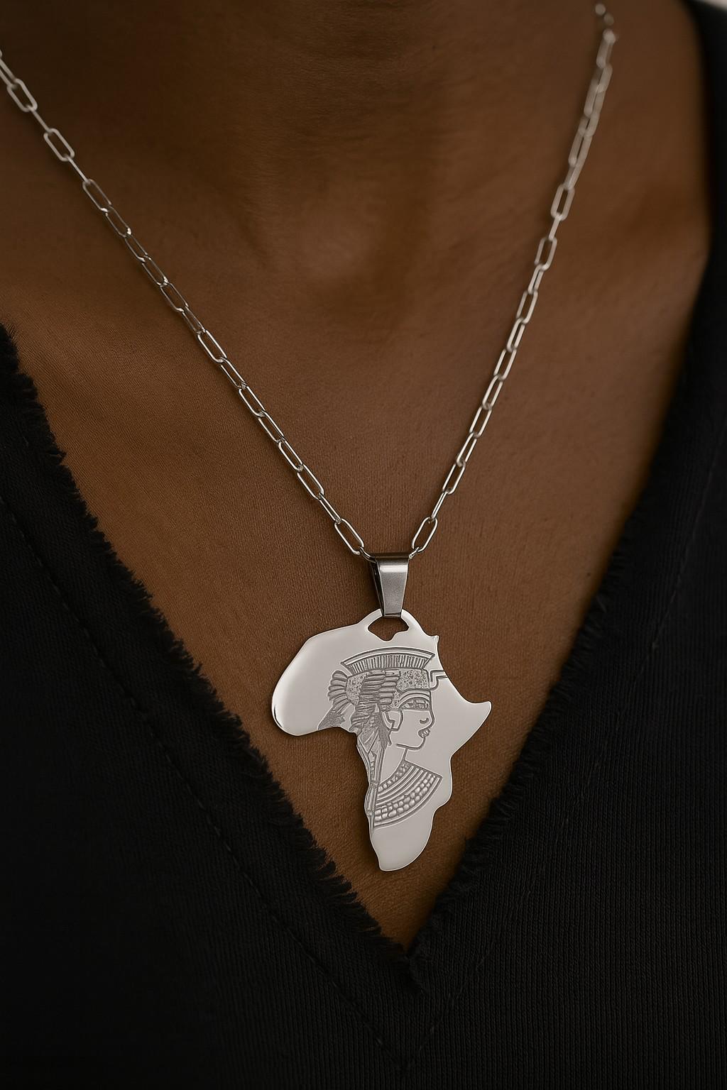 Africa Map Pendant Necklace Afrocentric Charm, Cleopatra Engraving (27x37mm, Gold & Silver Tone Stainless Steel)