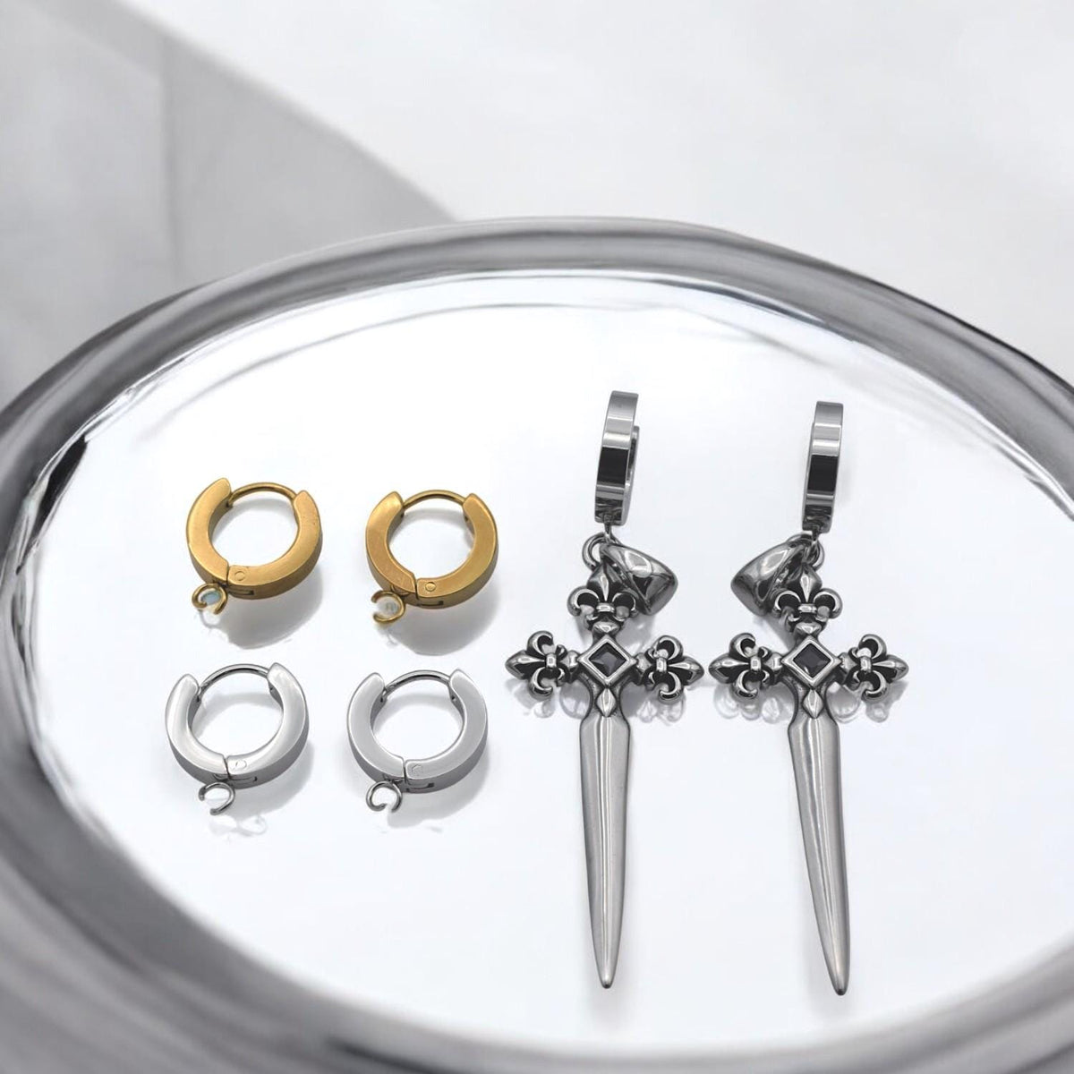 Gold And Silver Huggie Hoop Charms: 14mm Click-Top Earrings, Hypoallergenic Stainless Steel | Durable, Tarnish Resistant, 6 Pairs