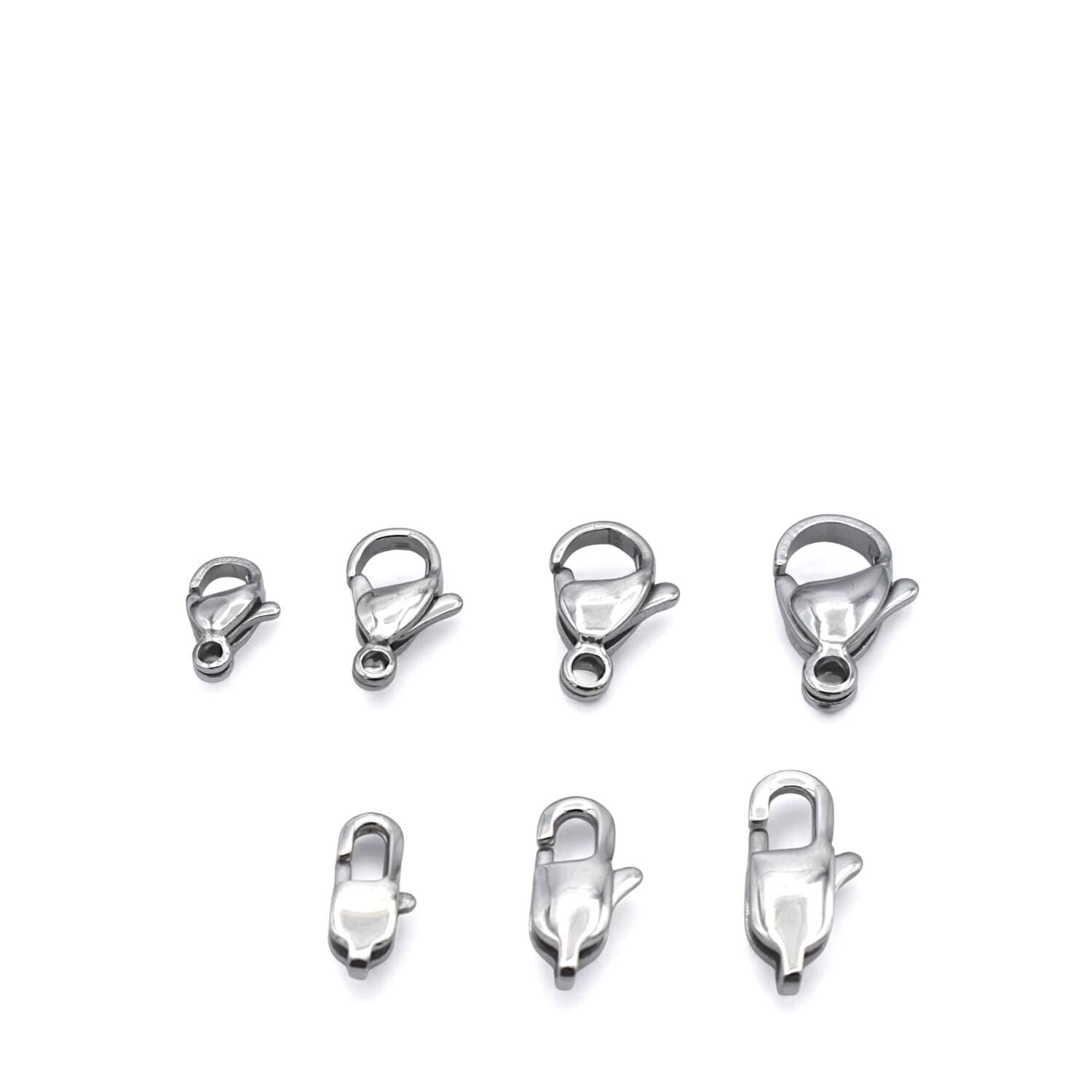 Close-up of stainless steel lobster clasp with polished finish, ideal for necklace closures.