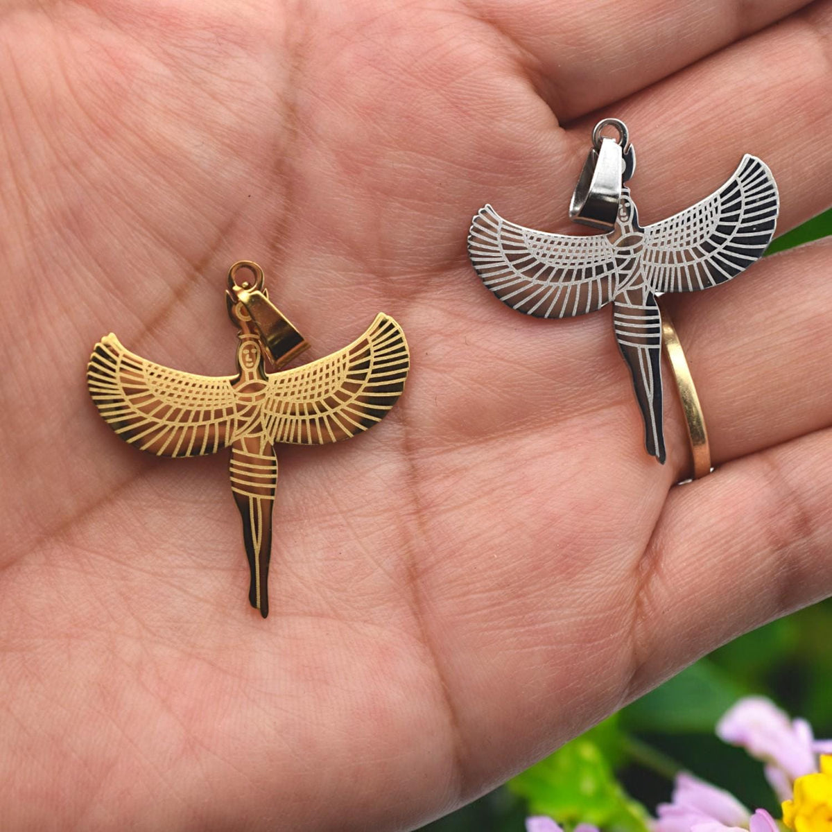 Egyptian Isis Winged Pendant Charm, Protection Amulet (Gold or Silver Tone, Durable Stainless Steel, Smooth Edges, DIY Jewelry Supply)