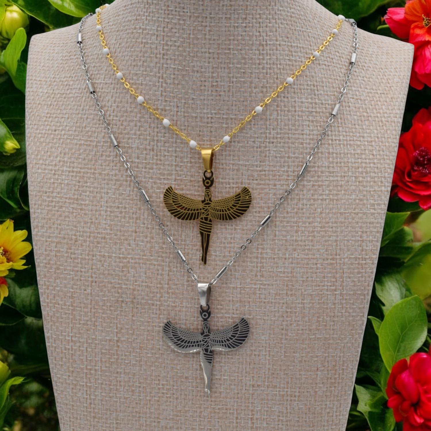 Egyptian Isis Winged Pendant Charm, Protection Amulet (Gold or Silver Tone, Durable Stainless Steel, Smooth Edges, DIY Jewelry Supply)
