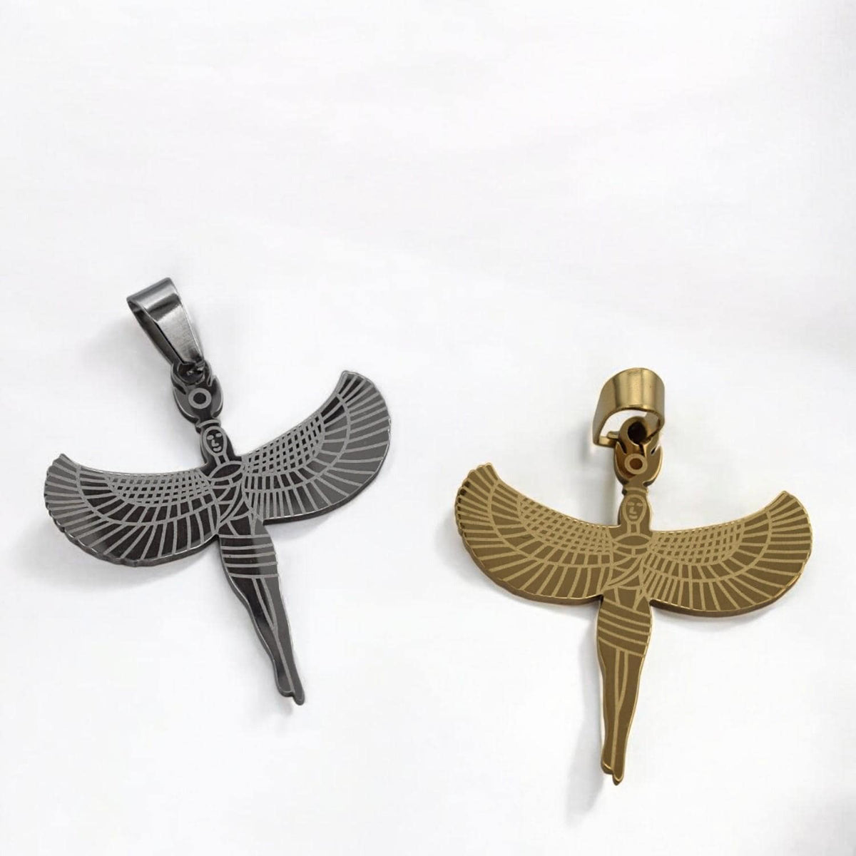 Egyptian Isis Winged Pendant Charm, Protection Amulet (Gold or Silver Tone, Durable Stainless Steel, Smooth Edges, DIY Jewelry Supply)