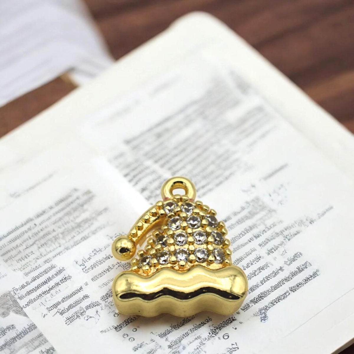 CZ Pave 14K Gold Christmas Charms: Elegant Winter Theme Pendants, Gold Tone Findings (Snowflake Bell Mitten Hat, 12-15mm)