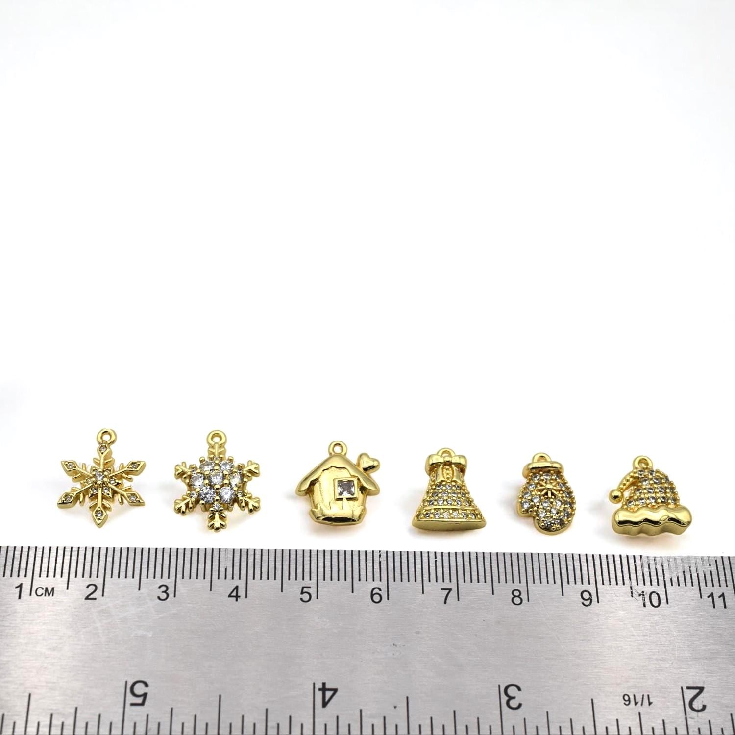 CZ Pave 14K Gold Christmas Charms: Elegant Winter Theme Pendants, Gold Tone Findings (Snowflake Bell Mitten Hat, 12-15mm)