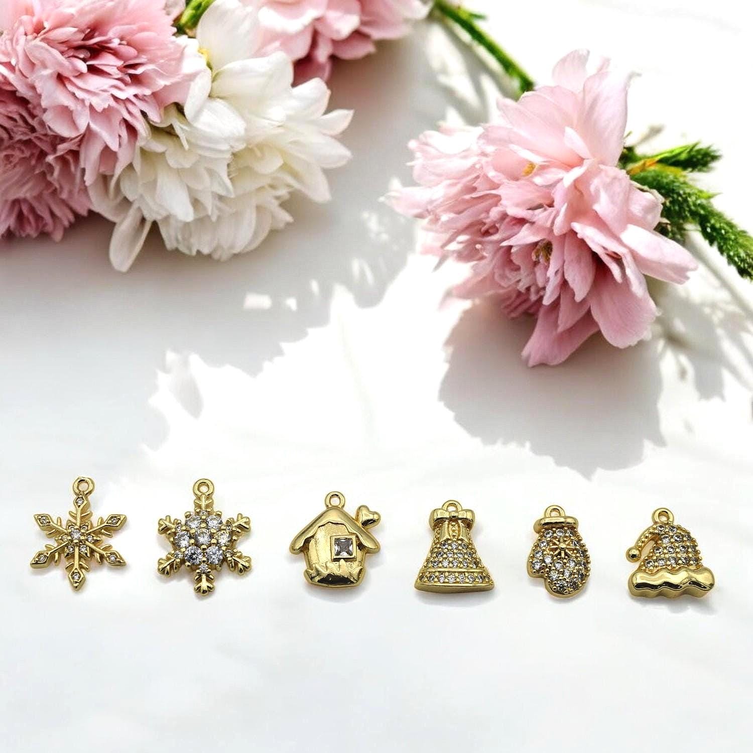 CZ Pave 14K Gold Christmas Charms: Elegant Winter Theme Pendants, Gold Tone Findings (Snowflake Bell Mitten Hat, 12-15mm)