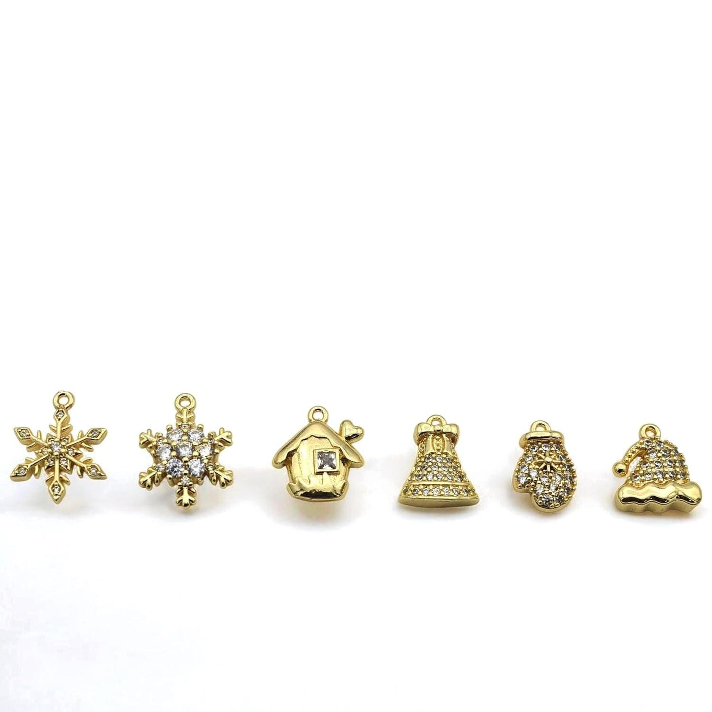 CZ Pave 14K Gold Christmas Charms: Elegant Winter Theme Pendants, Gold Tone Findings (Snowflake Bell Mitten Hat, 12-15mm)