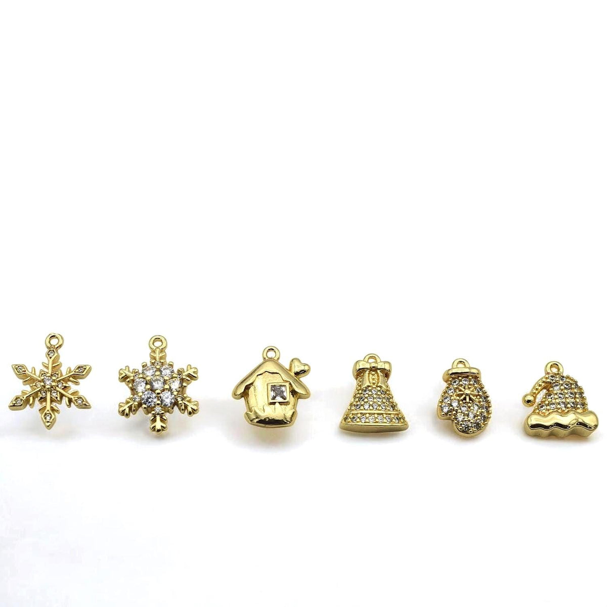 CZ Pave 14K Gold Christmas Charms: Elegant Winter Theme Pendants, Gold Tone Findings (Snowflake Bell Mitten Hat, 12-15mm)