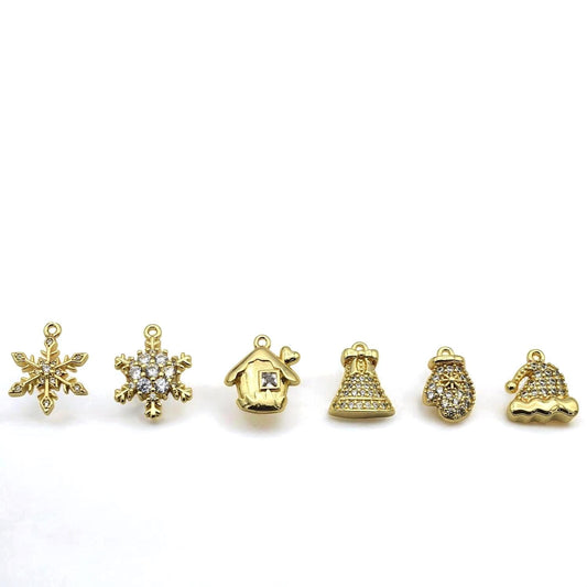 CZ Pave 14K Gold Christmas Charms: Elegant Winter Theme Pendants, Gold Tone Findings (Snowflake Bell Mitten Hat, 12-15mm)