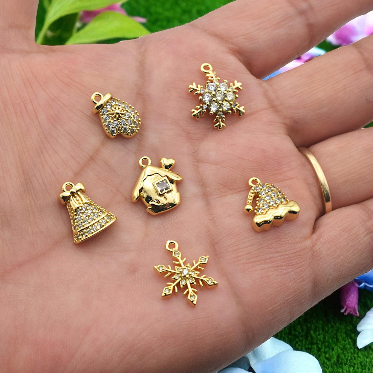 CZ Pave 14K Gold Christmas Charms: Elegant Winter Theme Pendants, Gold Tone Findings (Snowflake Bell Mitten Hat, 12-15mm)