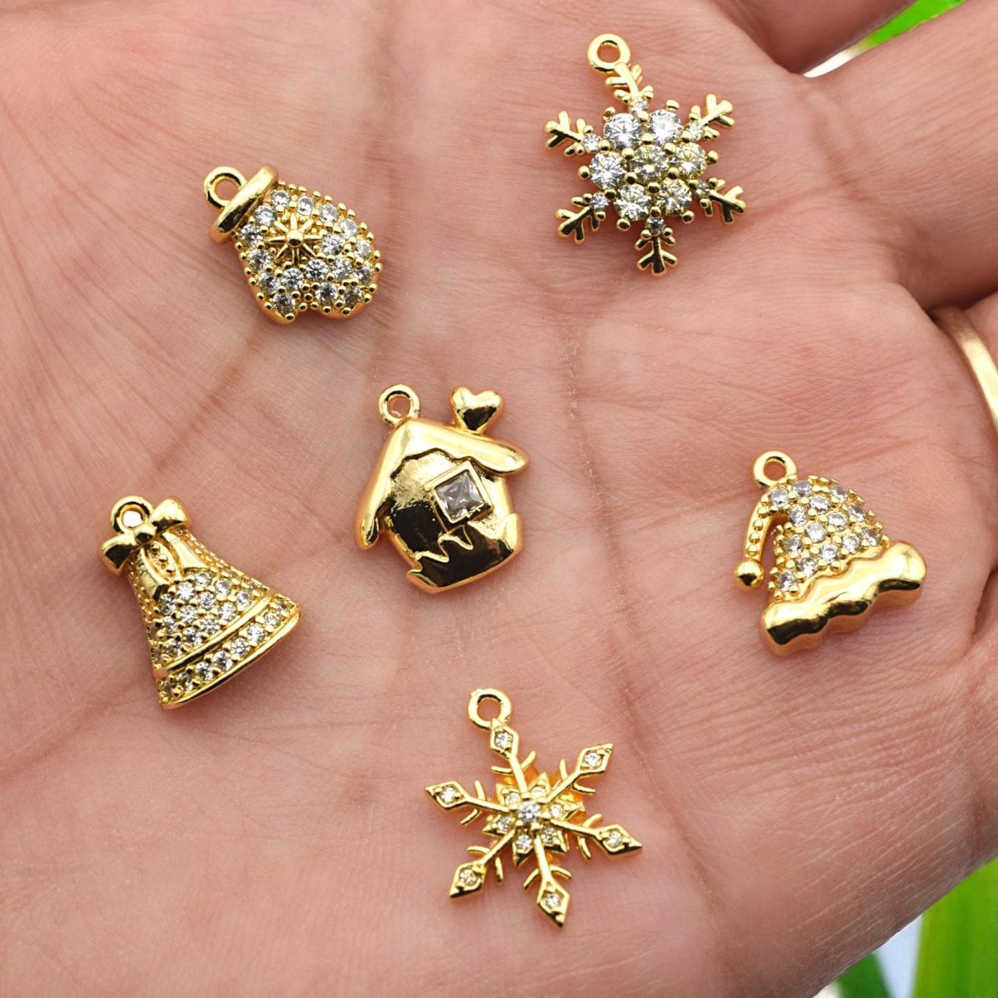 CZ Pave 14K Gold Christmas Charms: Elegant Winter Theme Pendants, Gold Tone Findings (Snowflake Bell Mitten Hat, 12-15mm)