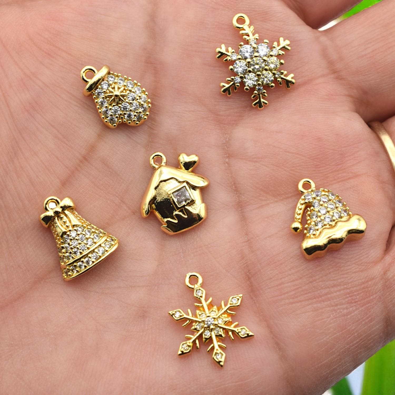 CZ Pave 14K Gold Christmas Charms: Elegant Winter Theme Pendants, Gold Tone Findings (Snowflake Bell Mitten Hat, 12-15mm)