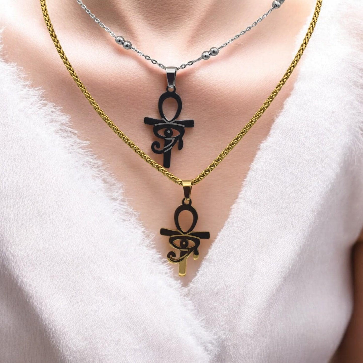 Ankh Eye Of Horus Gold Silver Tone Pendant: Tarnish-Resistant Stainless Steel, Unisex Amulet | Daily Wear, 40x20mm Charm