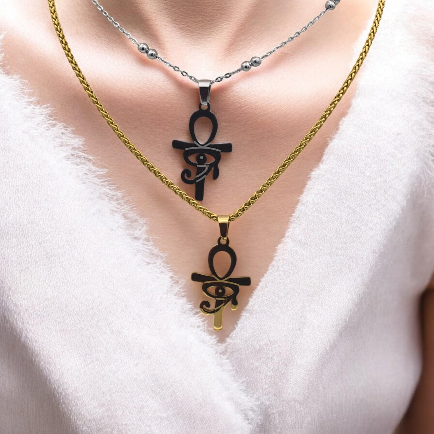 Ankh Eye Of Horus Gold Silver Tone Pendant: Tarnish-Resistant Stainless Steel, Unisex Amulet | Daily Wear, 40x20mm Charm