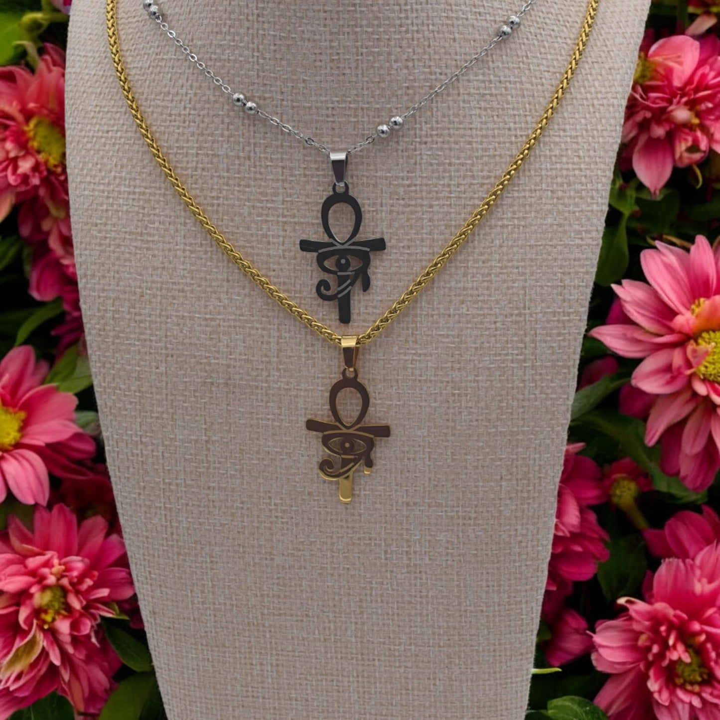 Ankh Eye Of Horus Gold Silver Tone Pendant: Tarnish-Resistant Stainless Steel, Unisex Amulet | Daily Wear, 40x20mm Charm