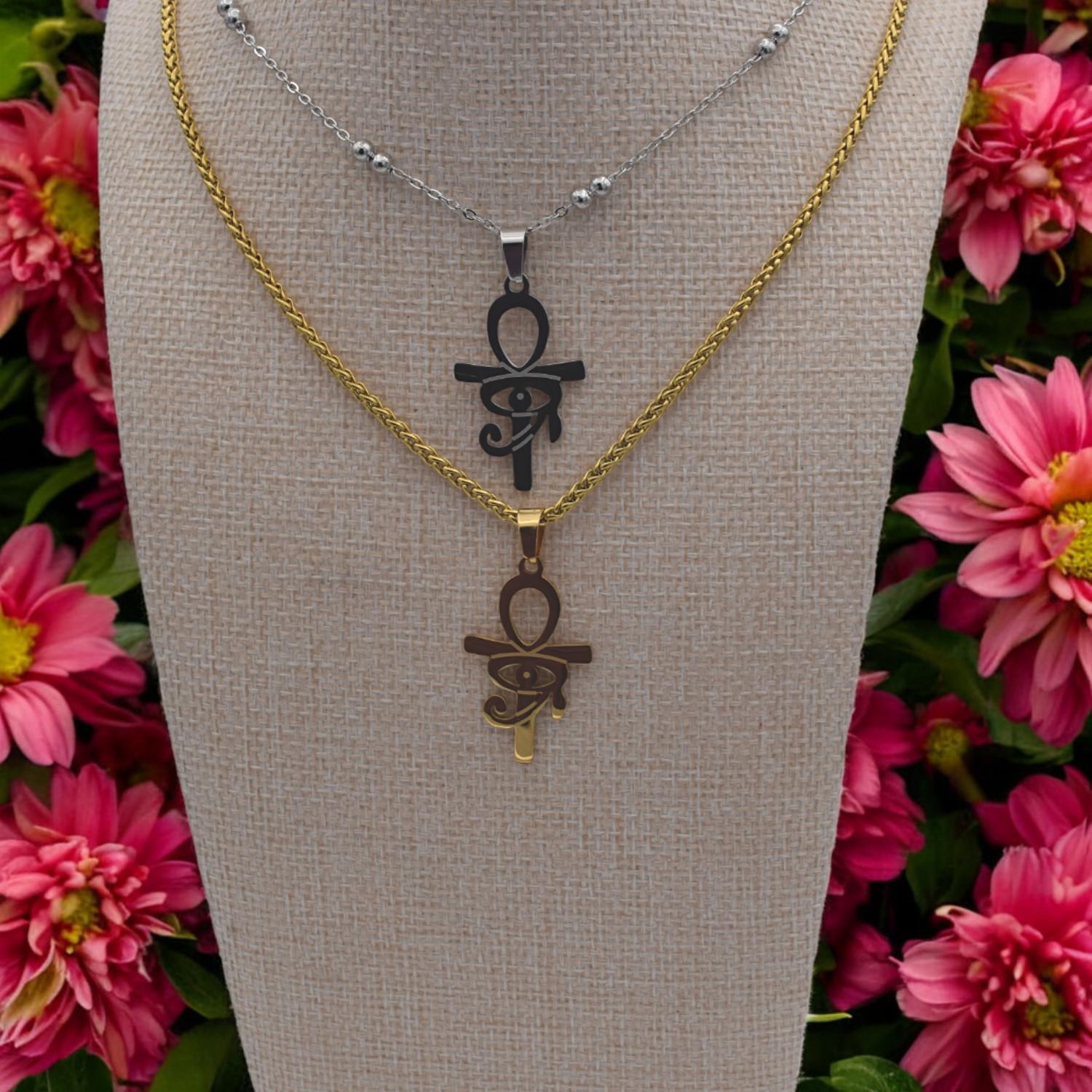 Ankh Eye Of Horus Gold Silver Tone Pendant: Tarnish-Resistant Stainless Steel, Unisex Amulet | Daily Wear, 40x20mm Charm