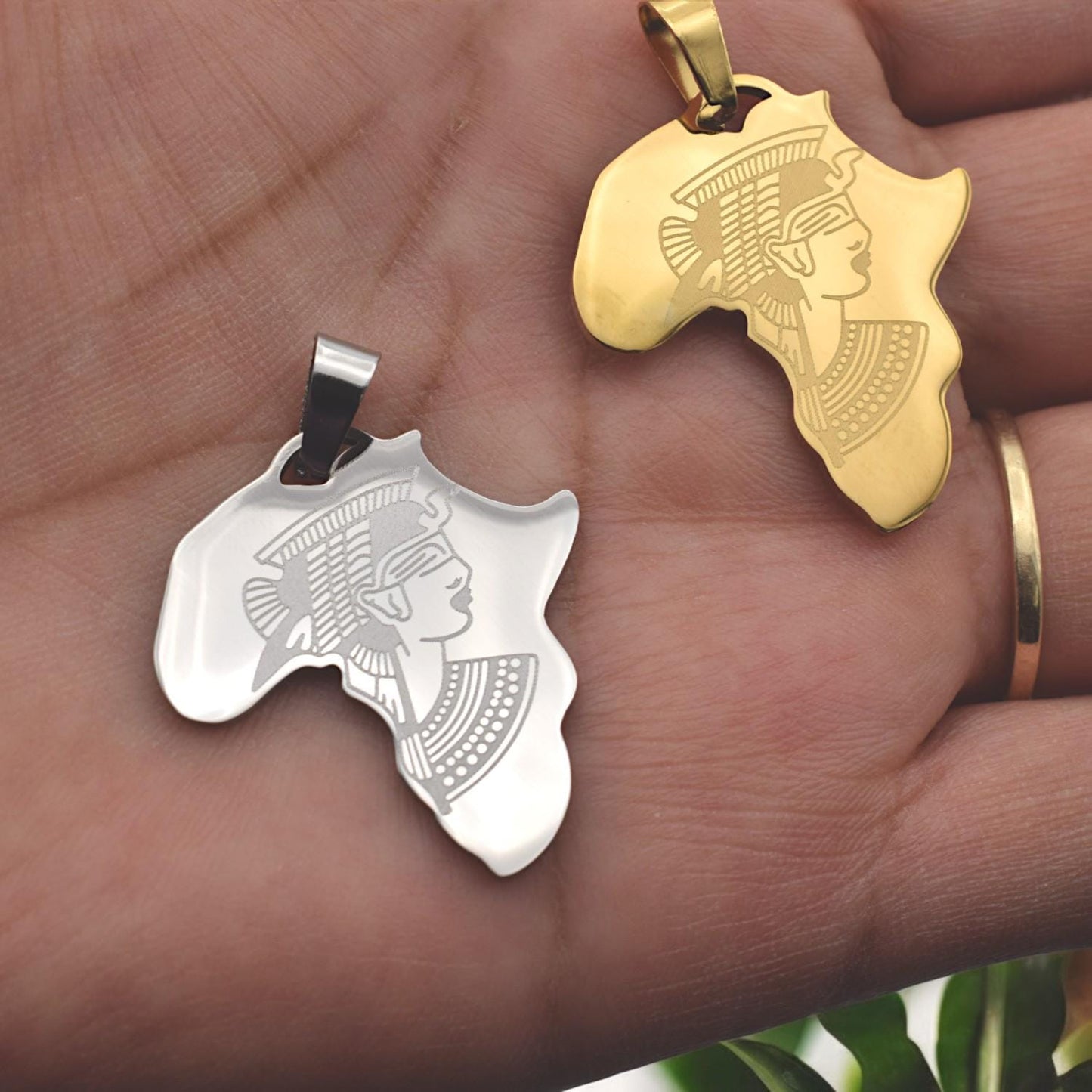 Africa Map Pendant Necklace Afrocentric Charm, Cleopatra Engraving (27x37mm, Gold & Silver Tone Stainless Steel)