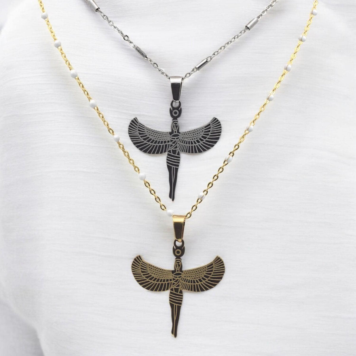 Egyptian Isis Winged Pendant Charm, Protection Amulet (Gold or Silver Tone, Durable Stainless Steel, Smooth Edges, DIY Jewelry Supply)