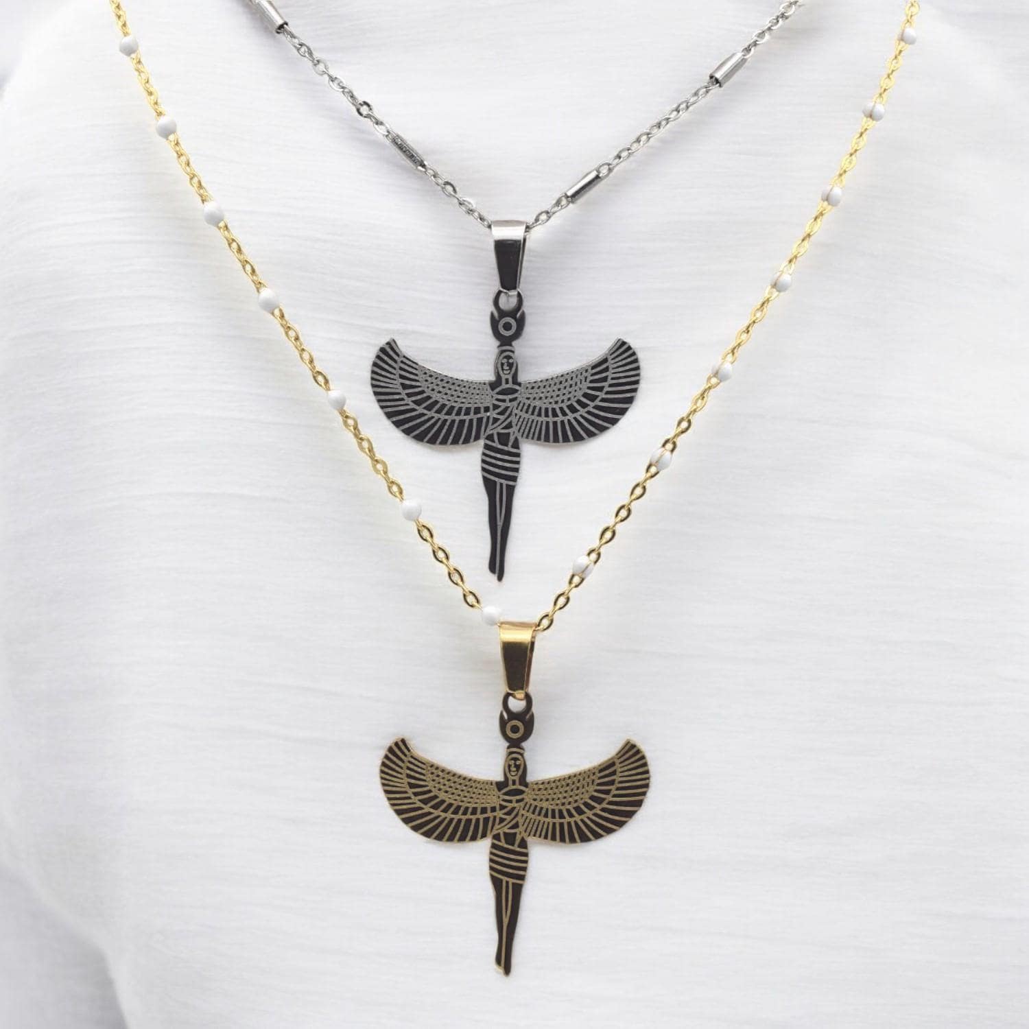 Egyptian Isis Winged Pendant Charm, Protection Amulet (Gold or Silver Tone, Durable Stainless Steel, Smooth Edges, DIY Jewelry Supply)