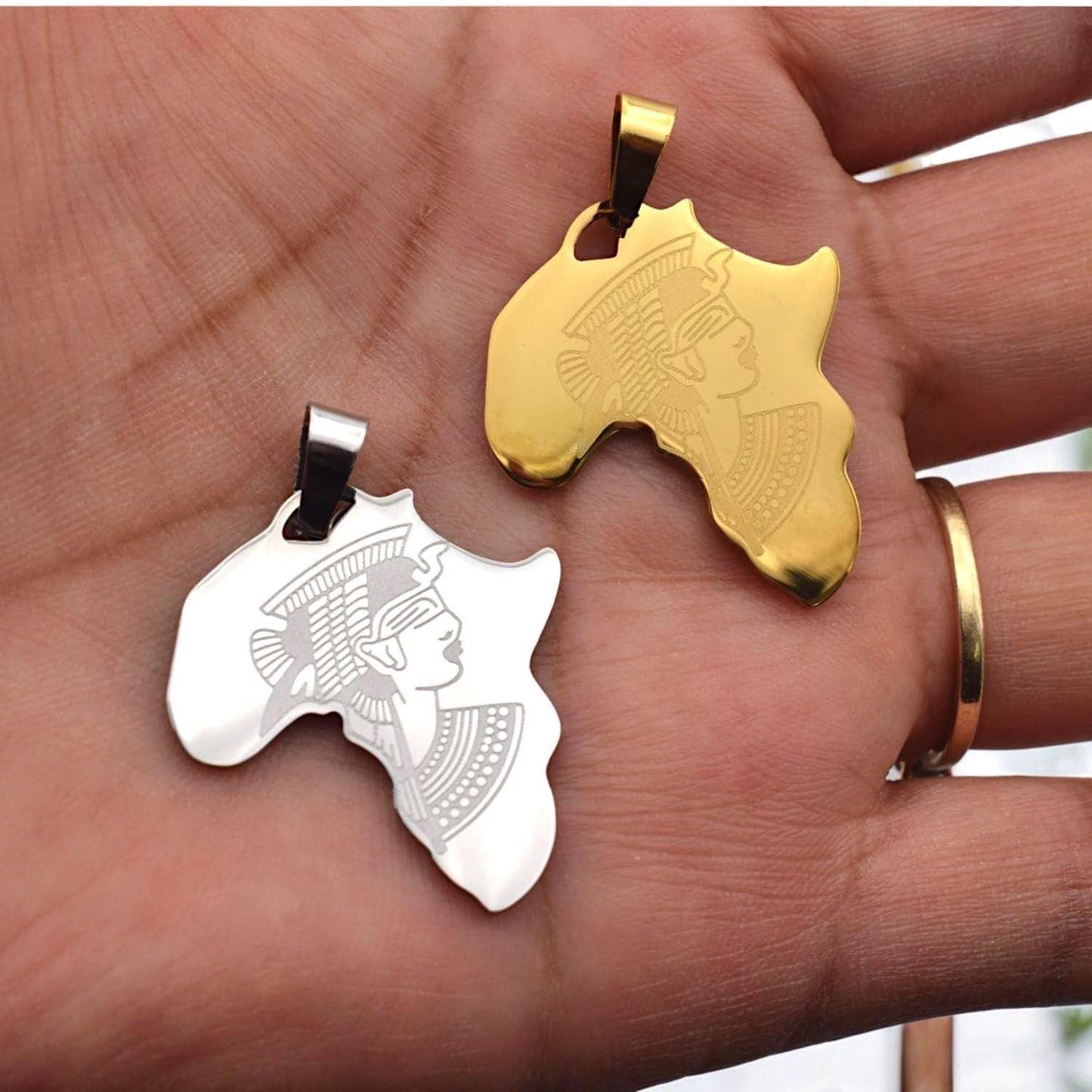 Africa Map Pendant Necklace Afrocentric Charm, Cleopatra Engraving (27x37mm, Gold & Silver Tone Stainless Steel)