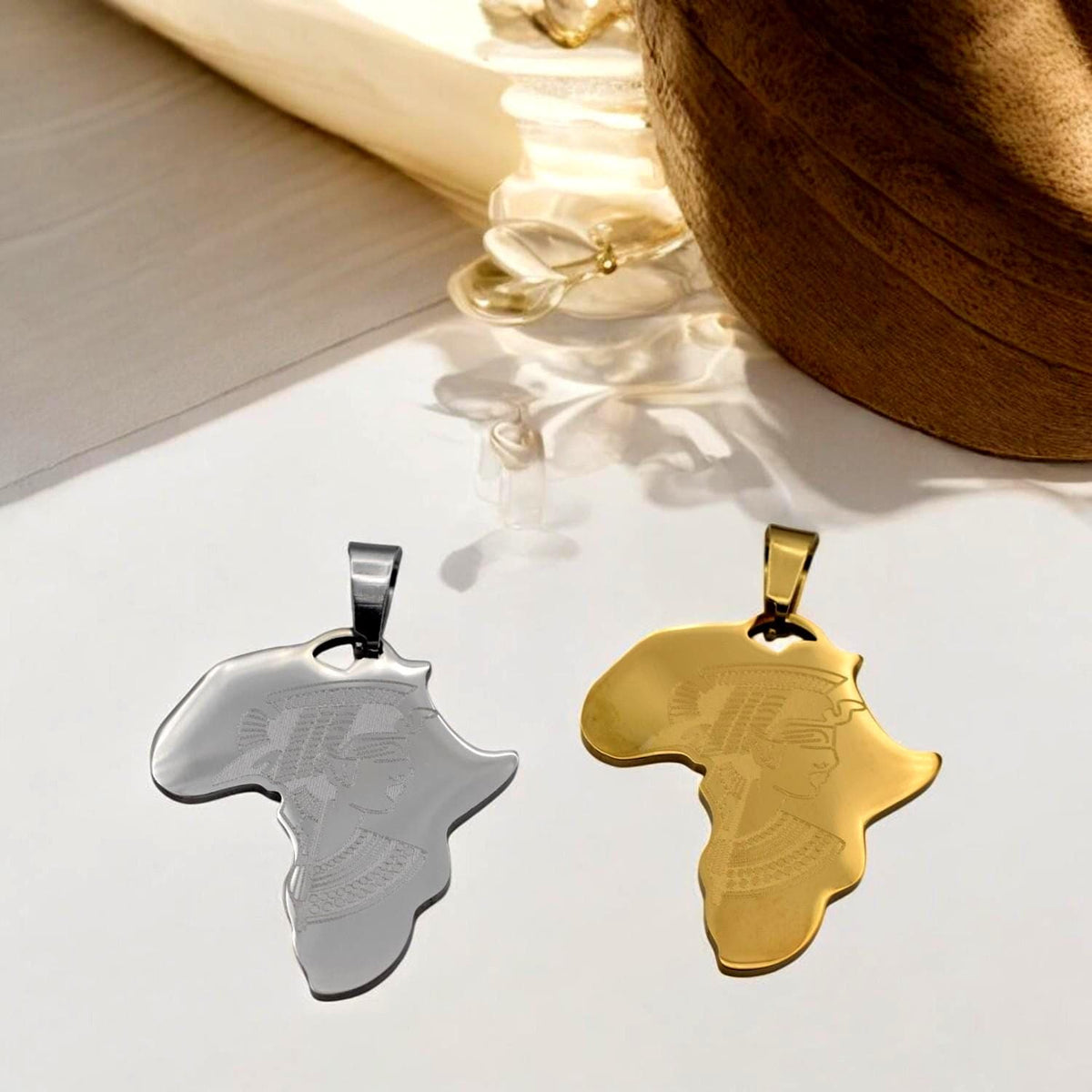 Africa Map Pendant Necklace Afrocentric Charm, Cleopatra Engraving (27x37mm, Gold & Silver Tone Stainless Steel)